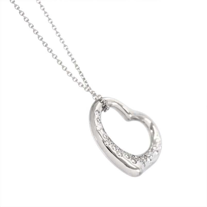 Round Cut Tiffany & Co. Platinum Diamond Elsa Peretti Open Heart Pendant Necklace For Sale