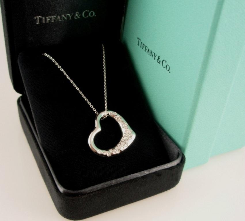 Tiffany & Co. Platinum Diamond Elsa Peretti Open Heart Pendant Necklace For Sale 1