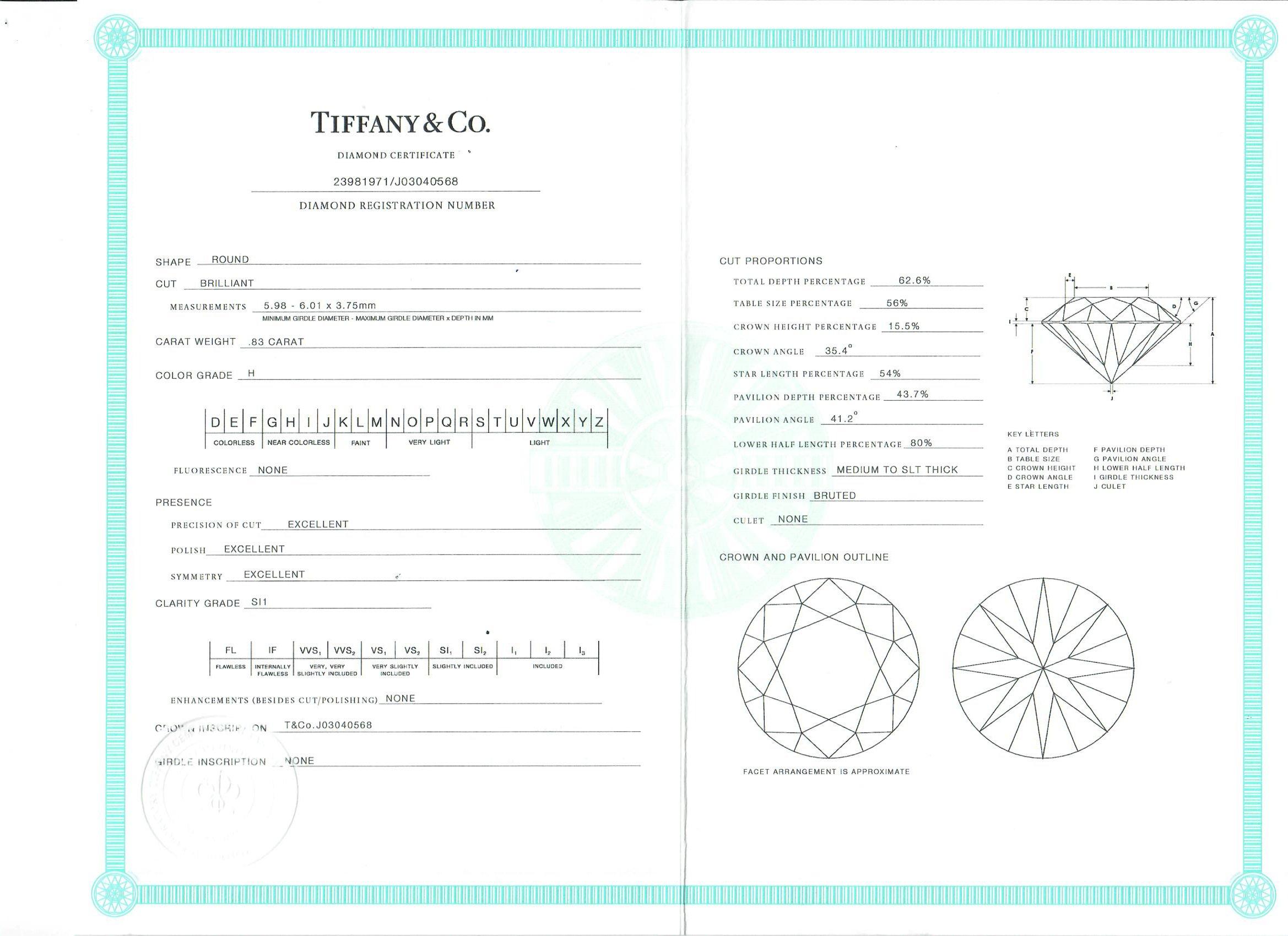 Tiffany & Co. Platinum Diamond Engagement Ring 0.83 Carat, SI1, H For Sale 3