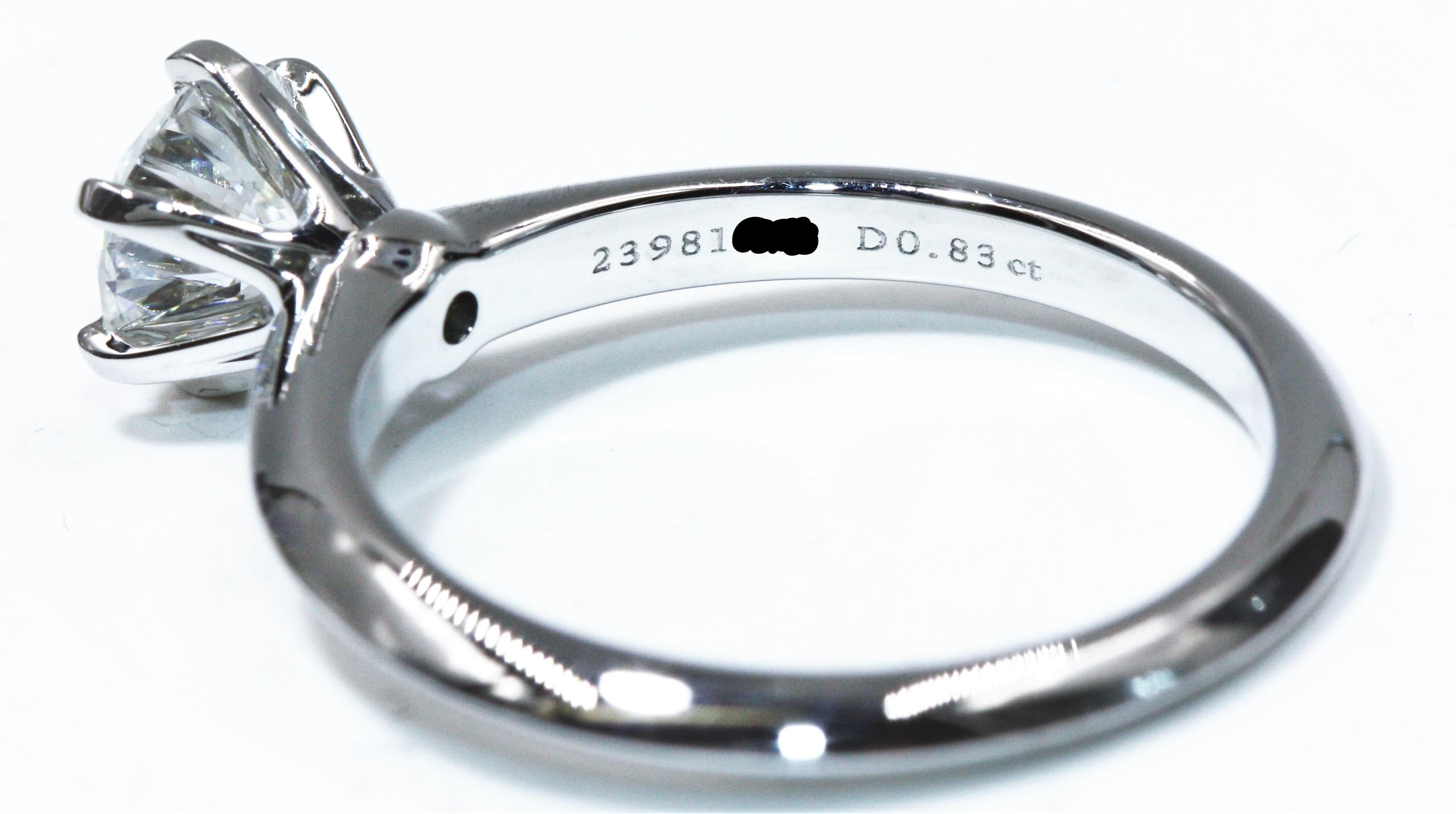 Tiffany & Co. Platinum Diamond Engagement Ring 0.83 Carat, SI1, H For Sale 1