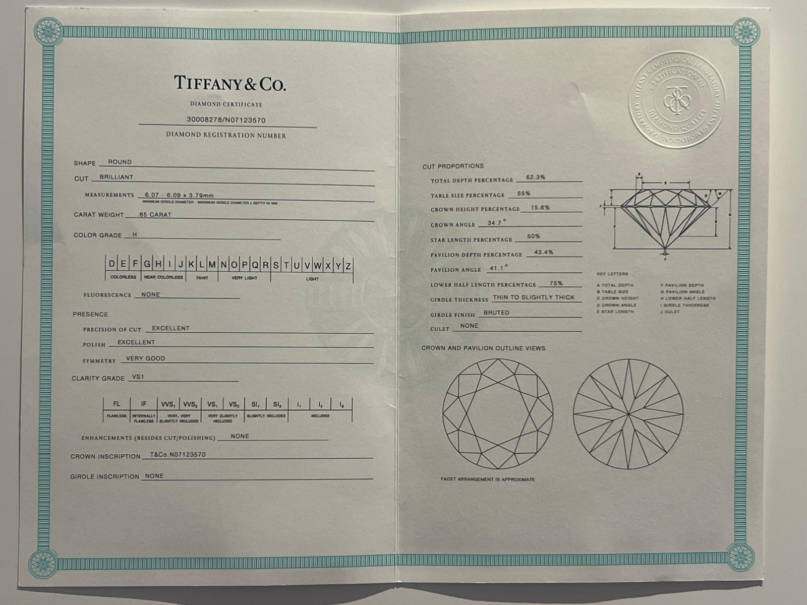 Tiffany & Co Platinum Diamond Engagement Ring 0.85ct For Sale 6
