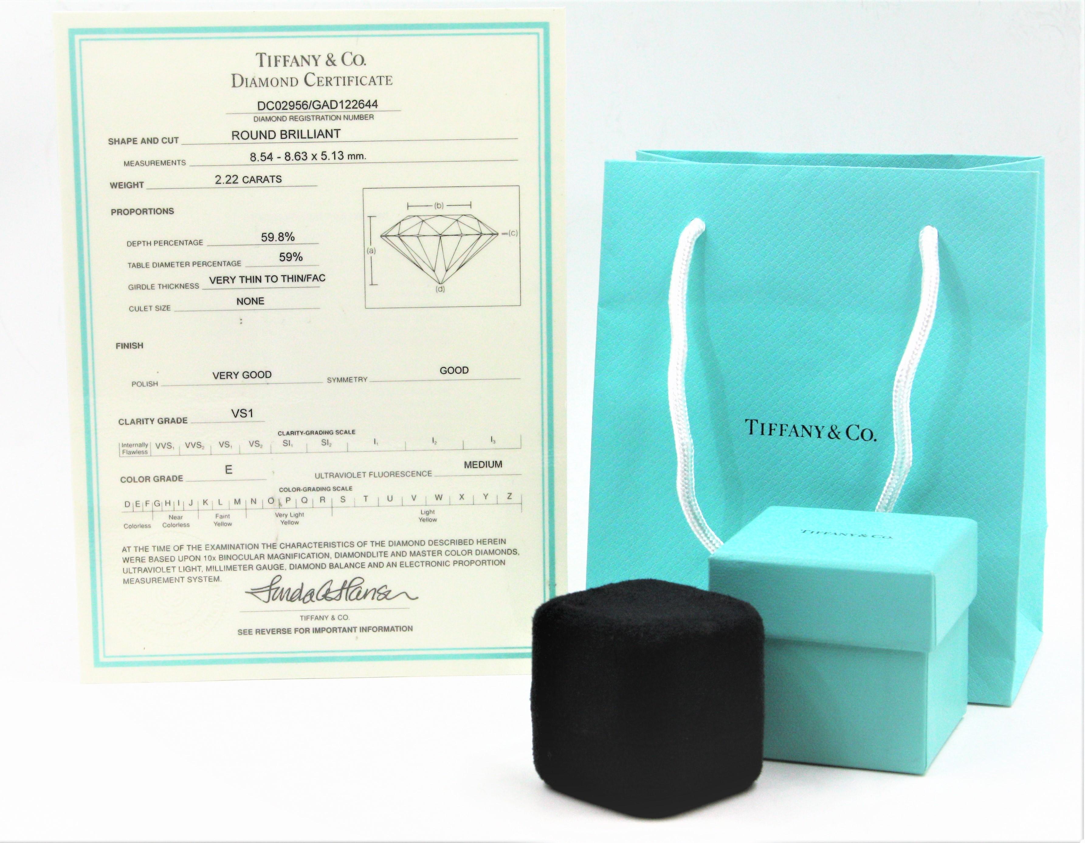 Tiffany & Co. Platinum Diamond Engagement Ring 2.22 Carat, VS1, E For Sale 6