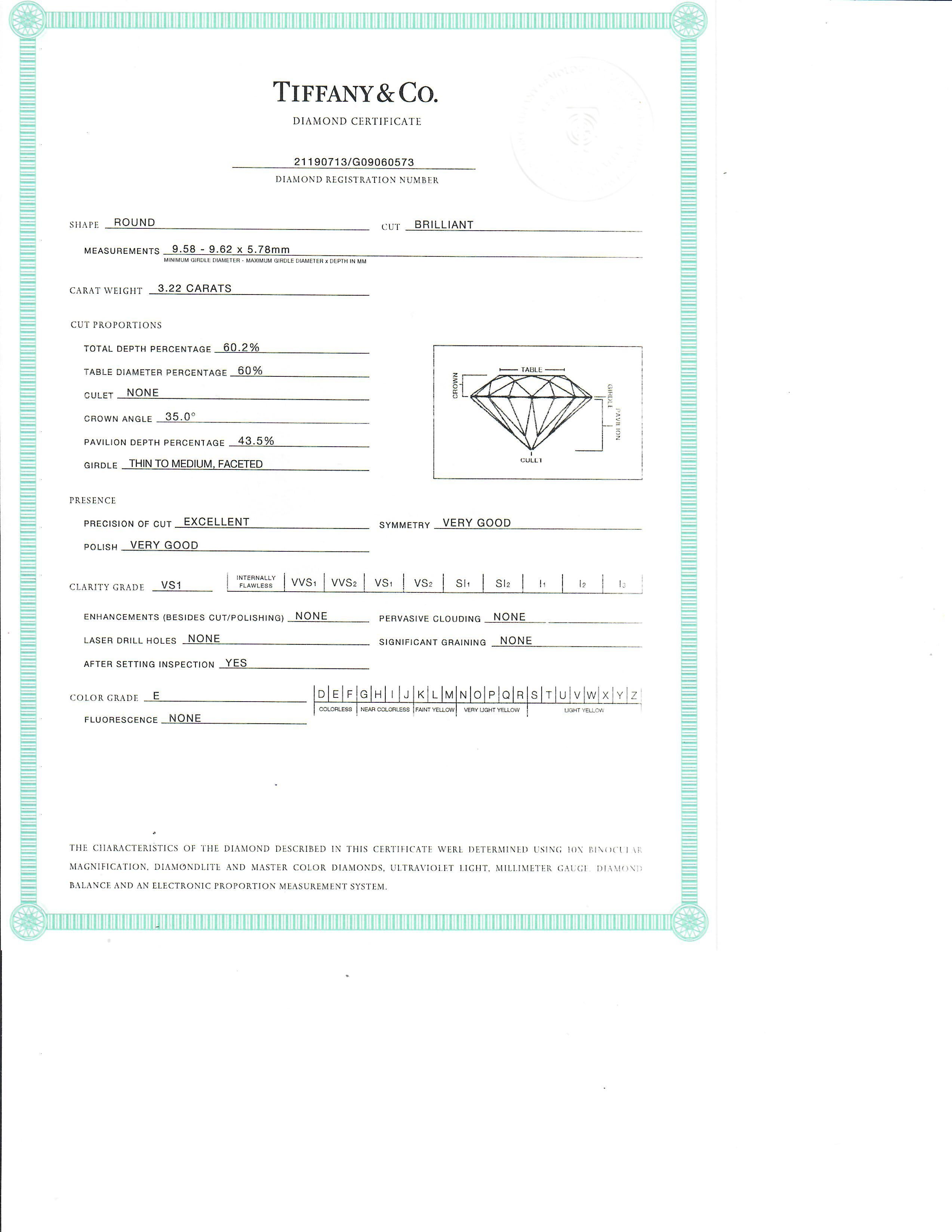 Tiffany & Co. Platinum Diamond Engagement Ring 3.22 Carat, VS1, E For Sale 4