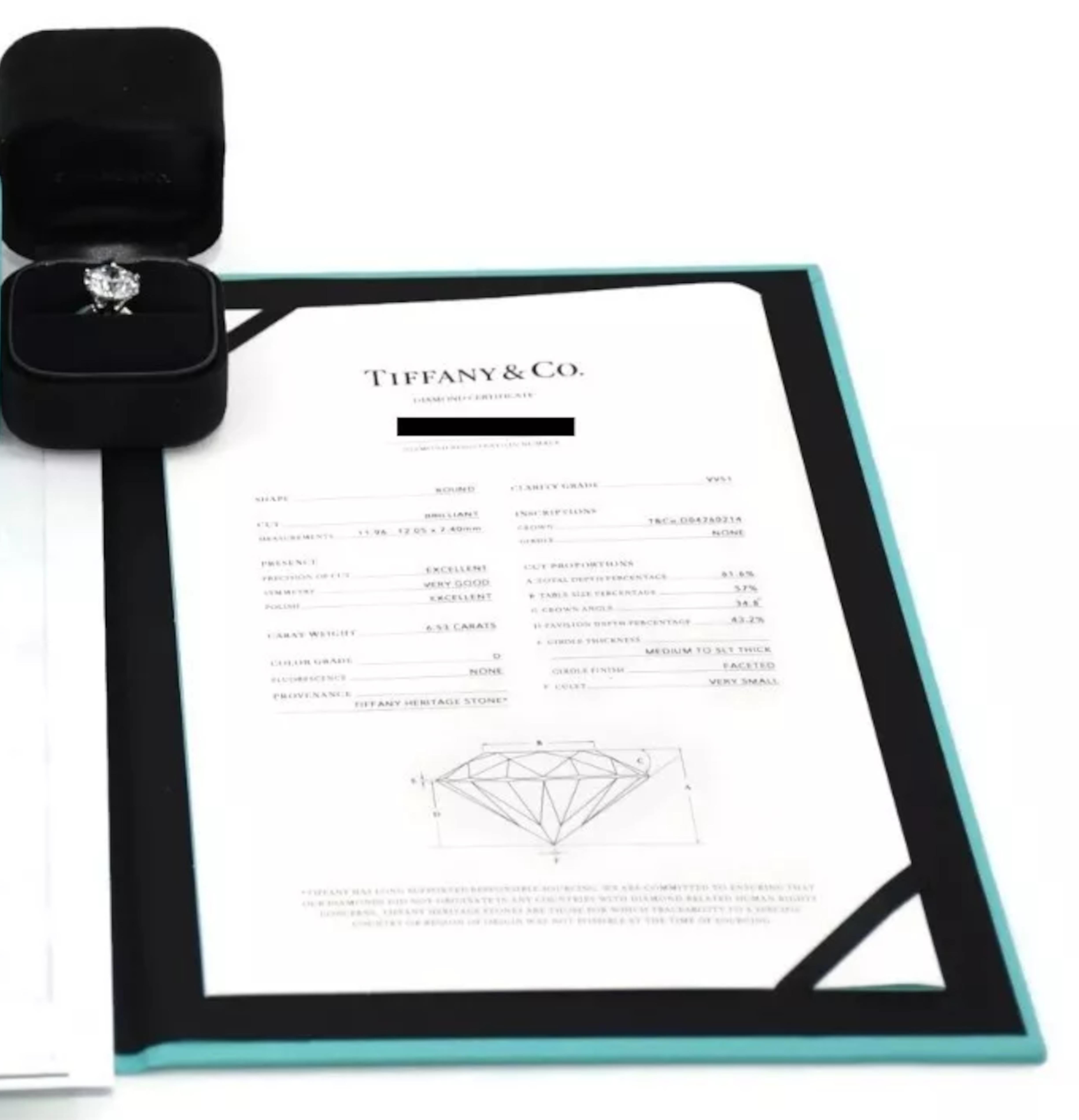 Tiffany & Co. Platin Diamant Verlobungsring 6,53 Karat D/VVS1 im Zustand „Hervorragend“ im Angebot in Chicago, IL