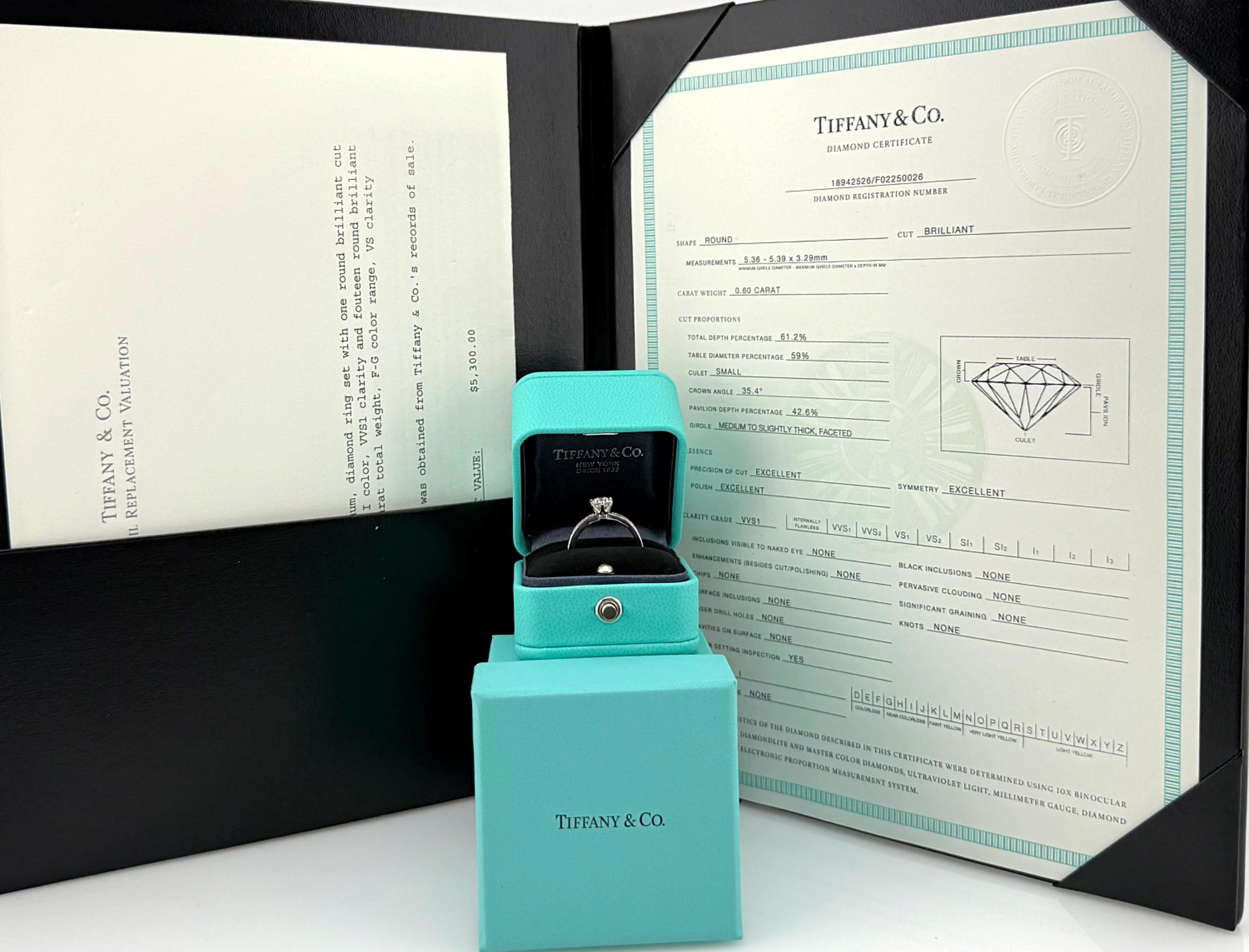 Tiffany & Co Platinum Diamond Engagement Ring Round 0.60 ct I VVS1 For Sale 5