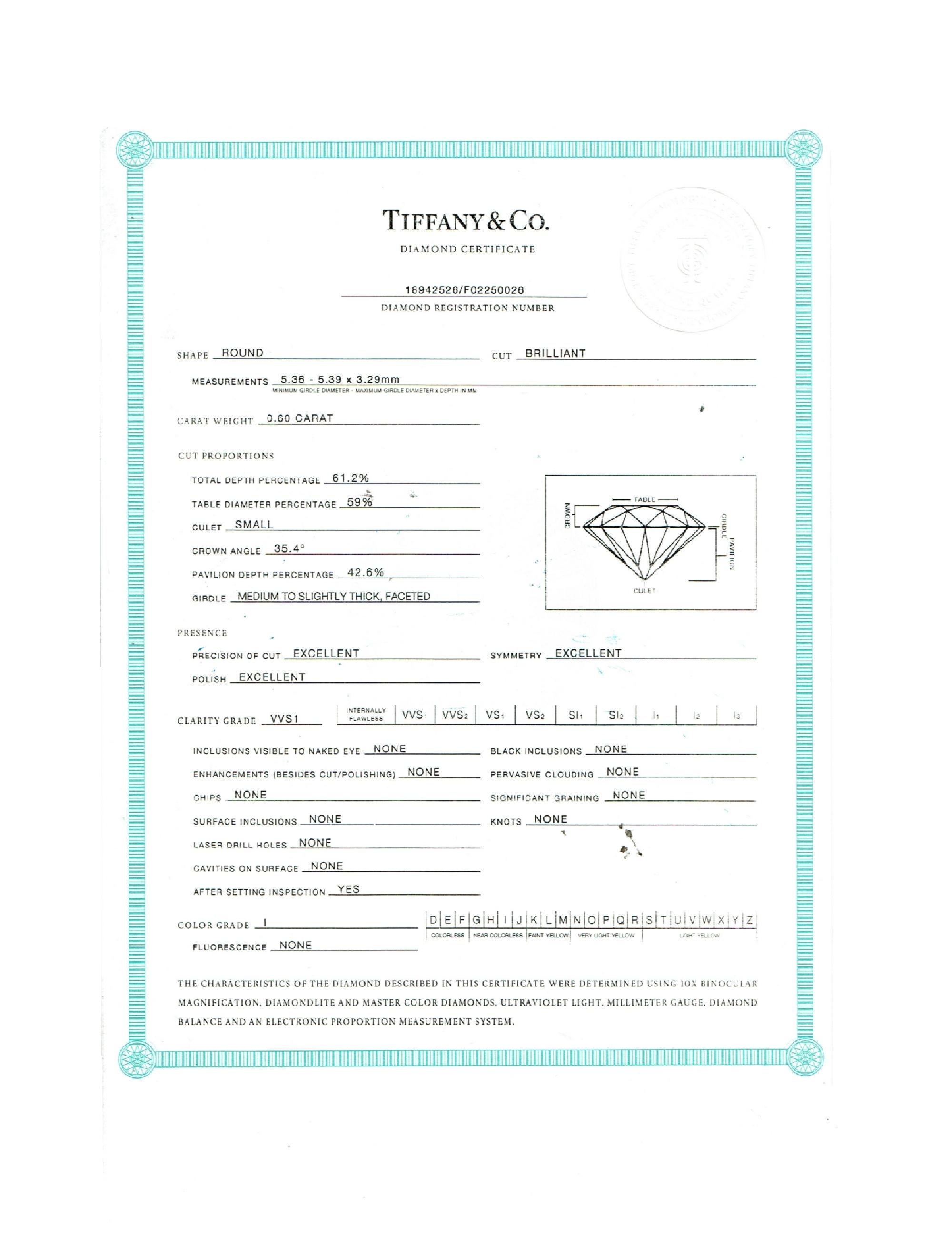 Tiffany & Co Platinum Diamond Engagement Ring Round 0.60 ct I VVS1 For Sale 2