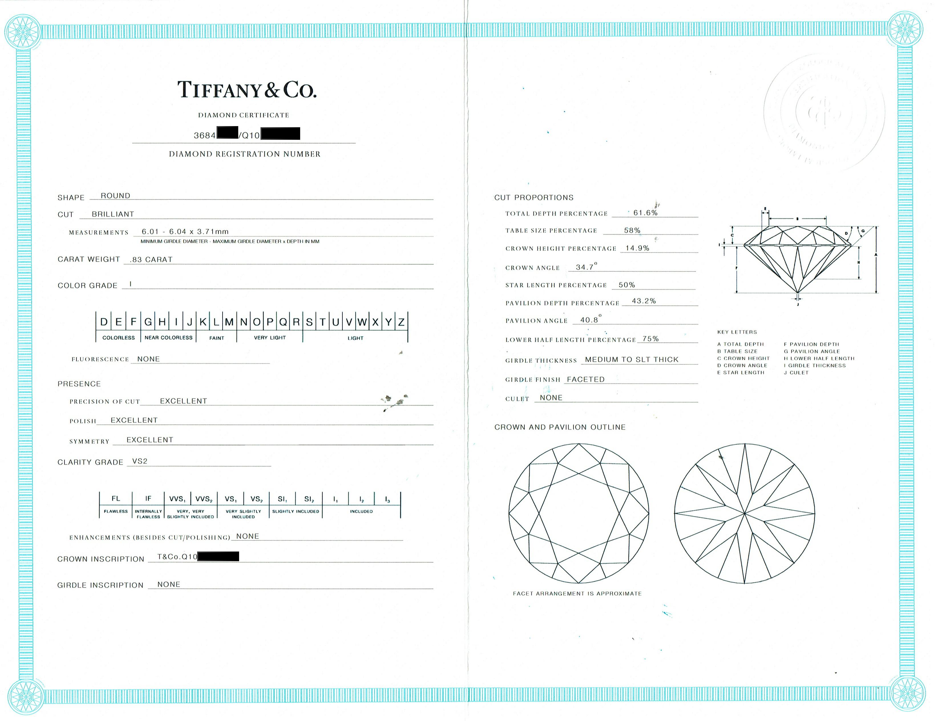 Women's Tiffany & Co Platinum Diamond Engagement Ring Solitaire Round 0.83 ct I VS2