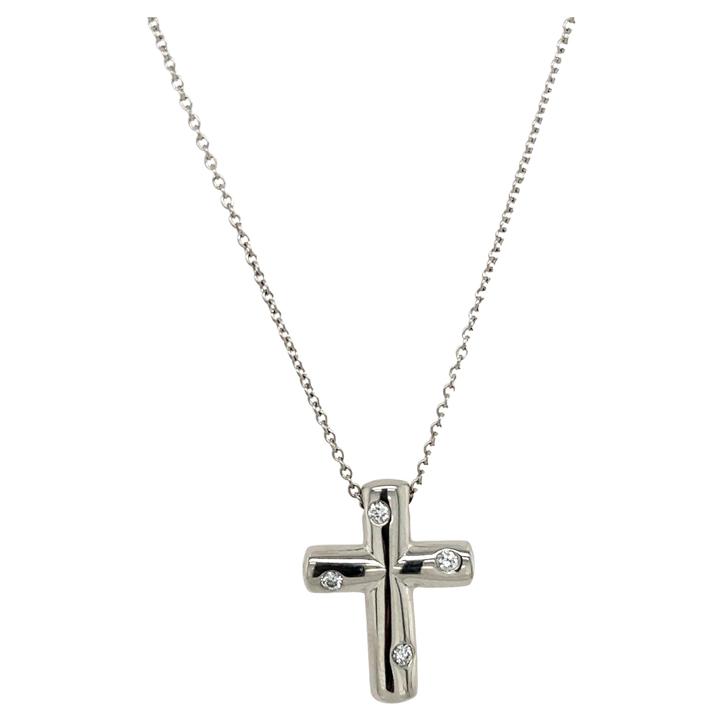 Tiffany & Co. Platinum Diamond Etoile Cross Pendant on 16" Platinum Chain For Sale