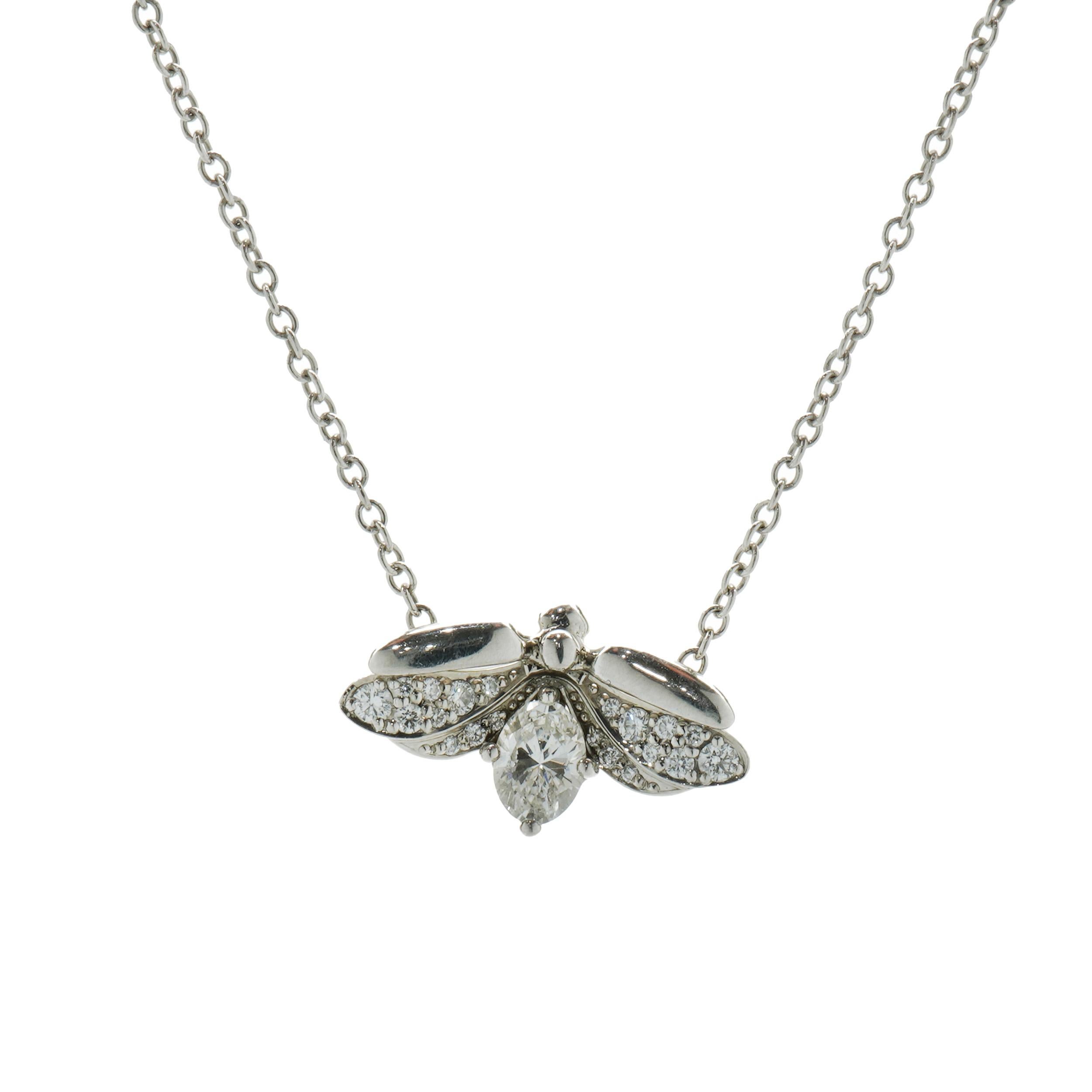 Designer: Tiffany & Co. 
Material: platinum
Diamond: 32 round brilliant = 0.27cttw
Color: G
Clarity: VS1-2
Diamond: 1 oval cut = 0.40ct
Color: H
Clarity: VS2
Dimensions: necklace measures 16-inches
Weight: 3.29 grams
