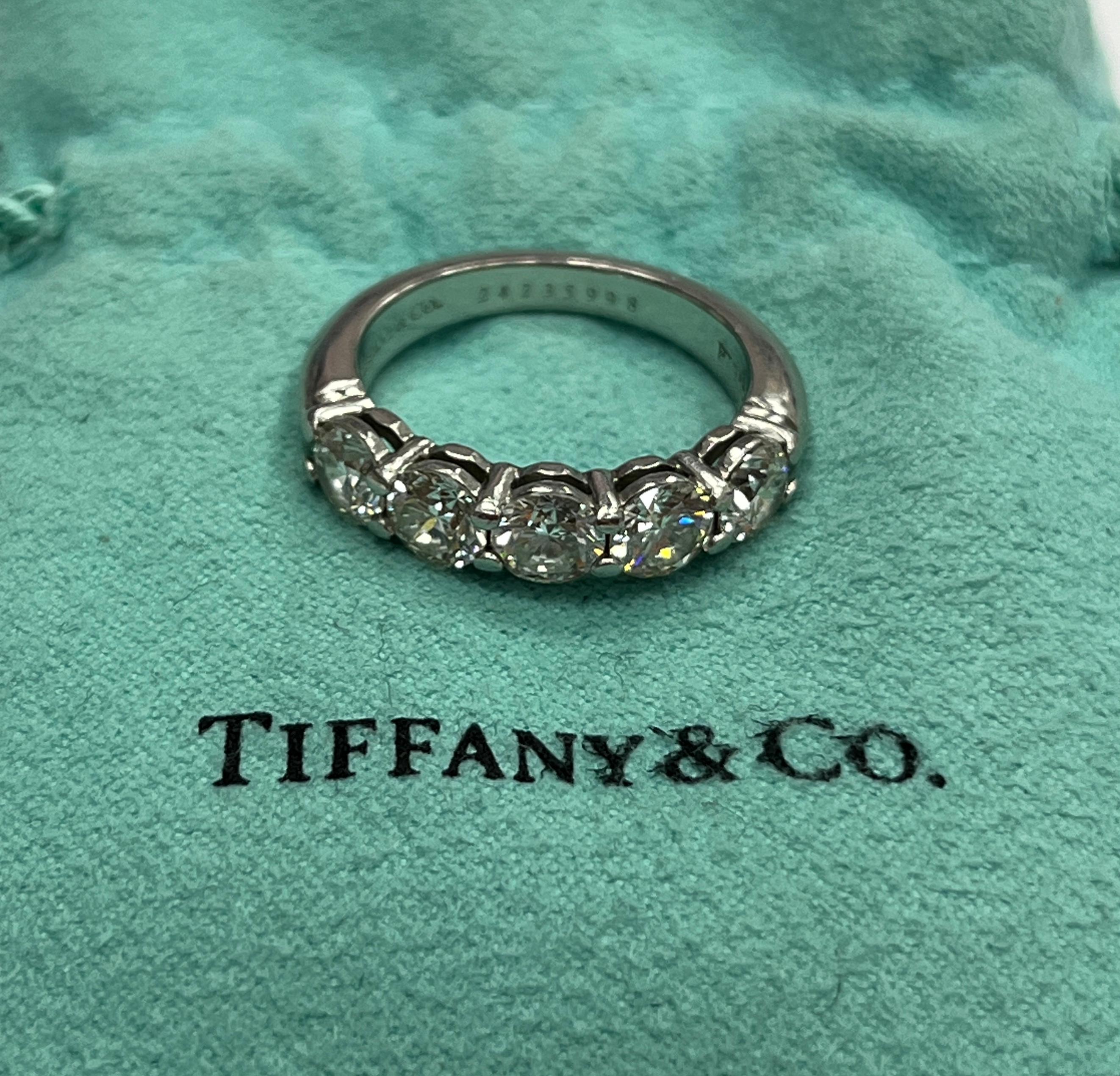 Round Cut Tiffany & Co Platinum Diamond Five Stone Ring For Sale