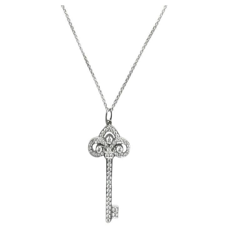 Round Cut TIFFANY & Co. Platinum Diamond Fleur De Lis Key Pendant Necklace