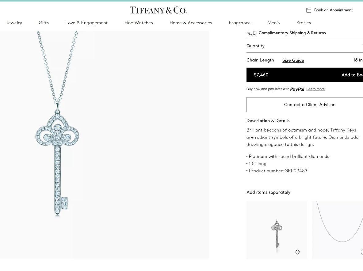 TIFFANY & Co. Platinum Diamond Fleur De Lis Key Pendant Necklace 3