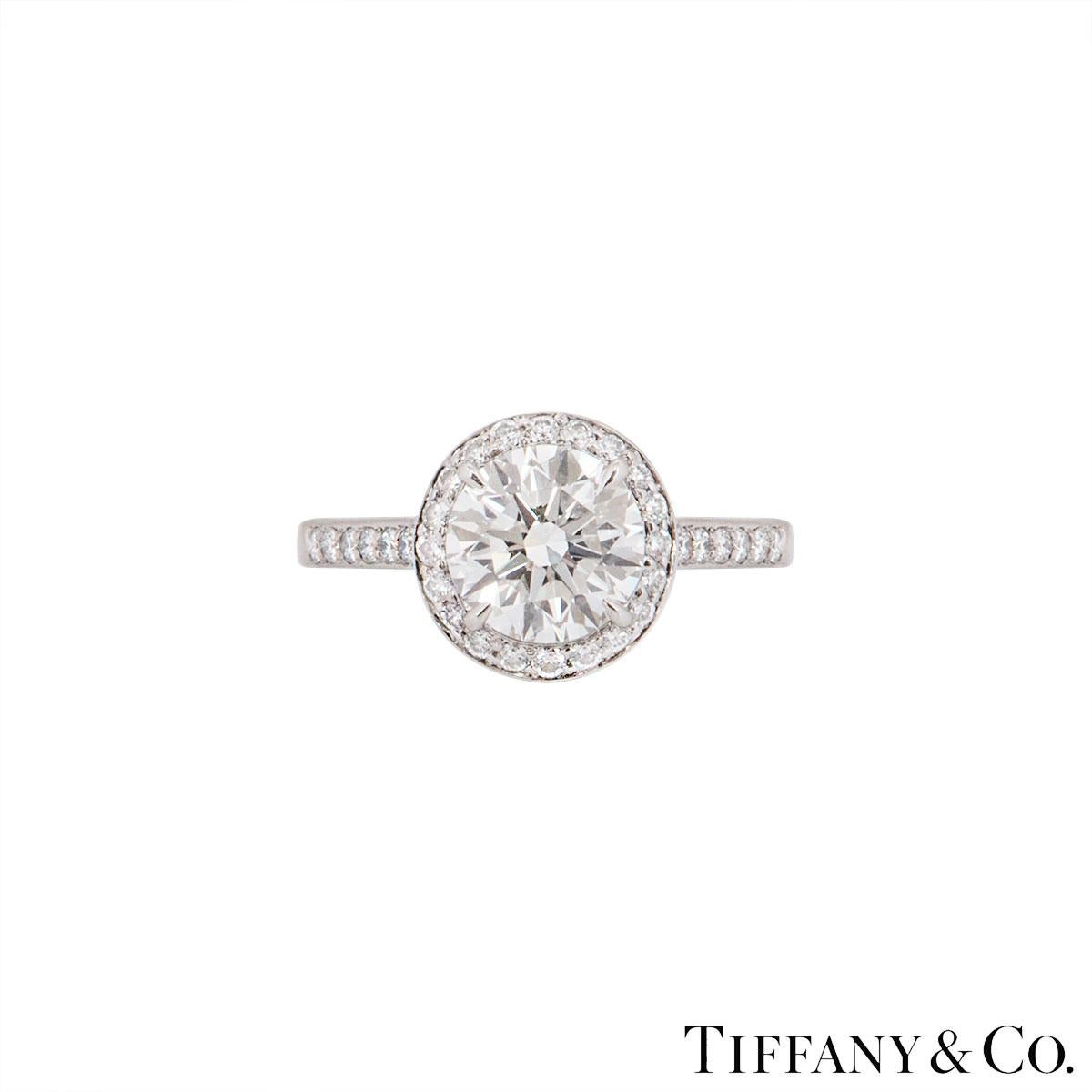 Round Cut Tiffany & Co. Platinum Diamond Halo Soleste Ring 1.43 Carat Solitaire