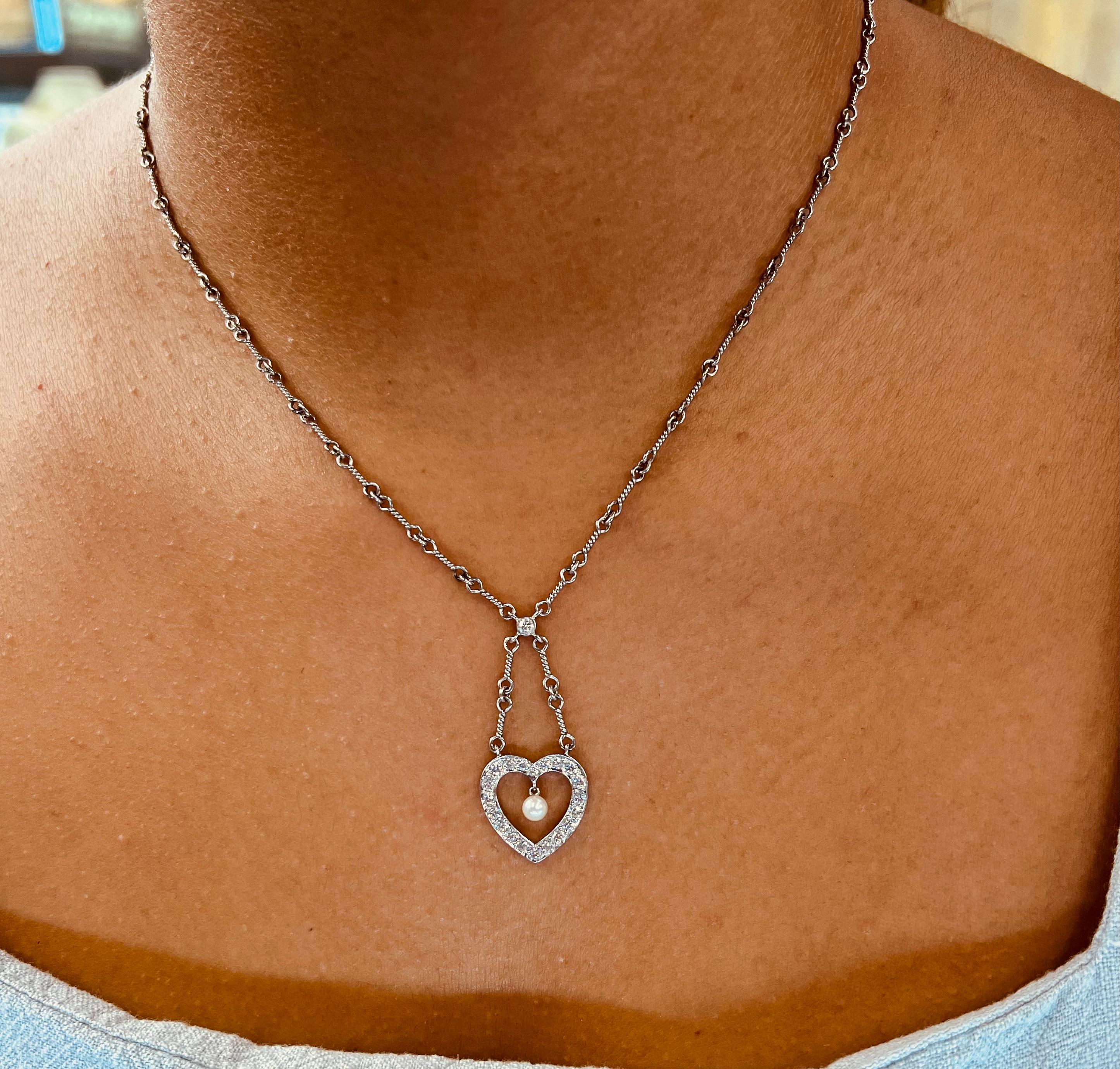 Tiffany & Co. Platinum Diamond Heart Drop Pendant Twist Wire Chain Necklace In Excellent Condition For Sale In MIAMI, FL
