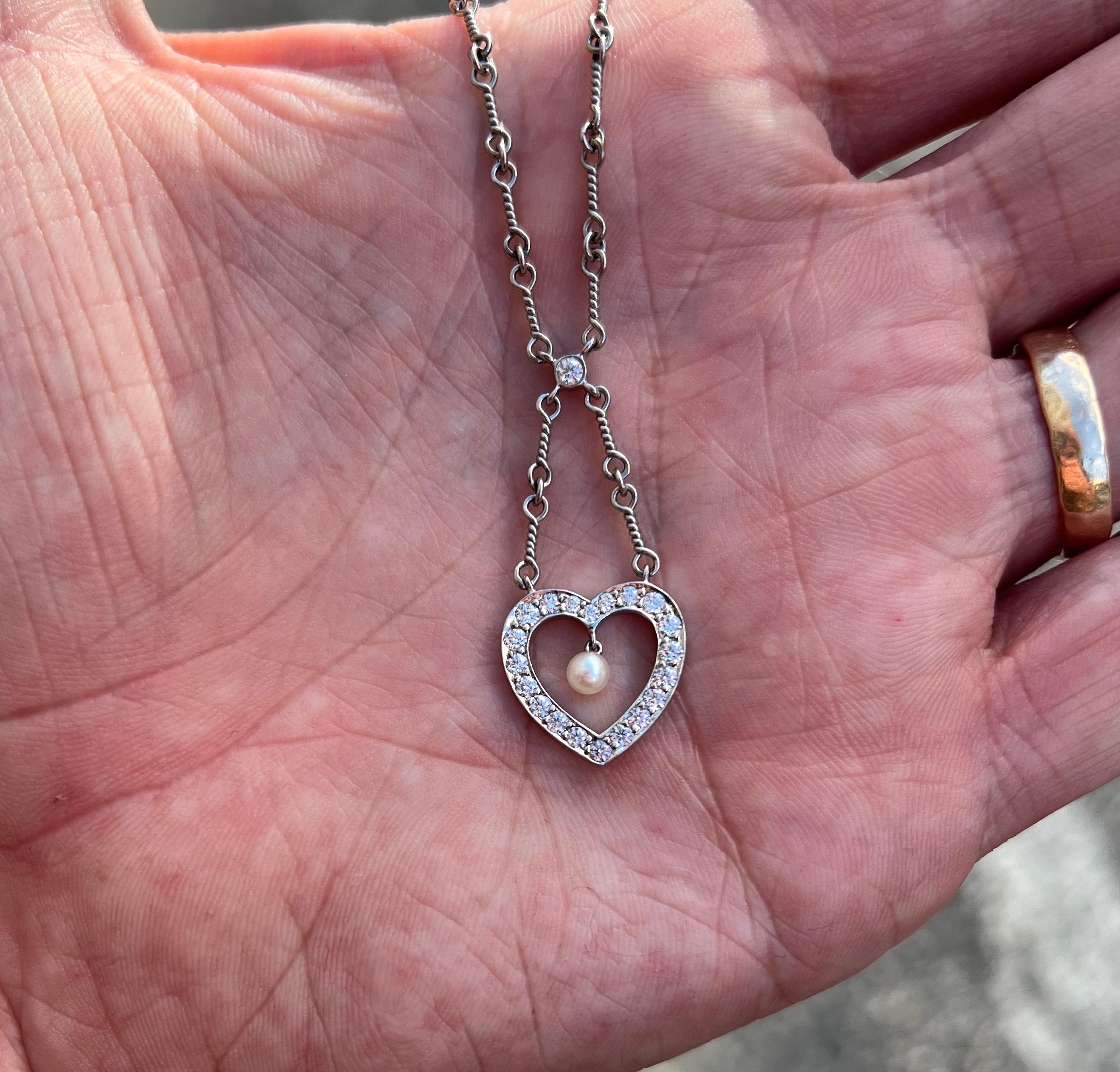 Women's or Men's Tiffany & Co. Platinum Diamond Heart Drop Pendant Twist Wire Chain Necklace For Sale