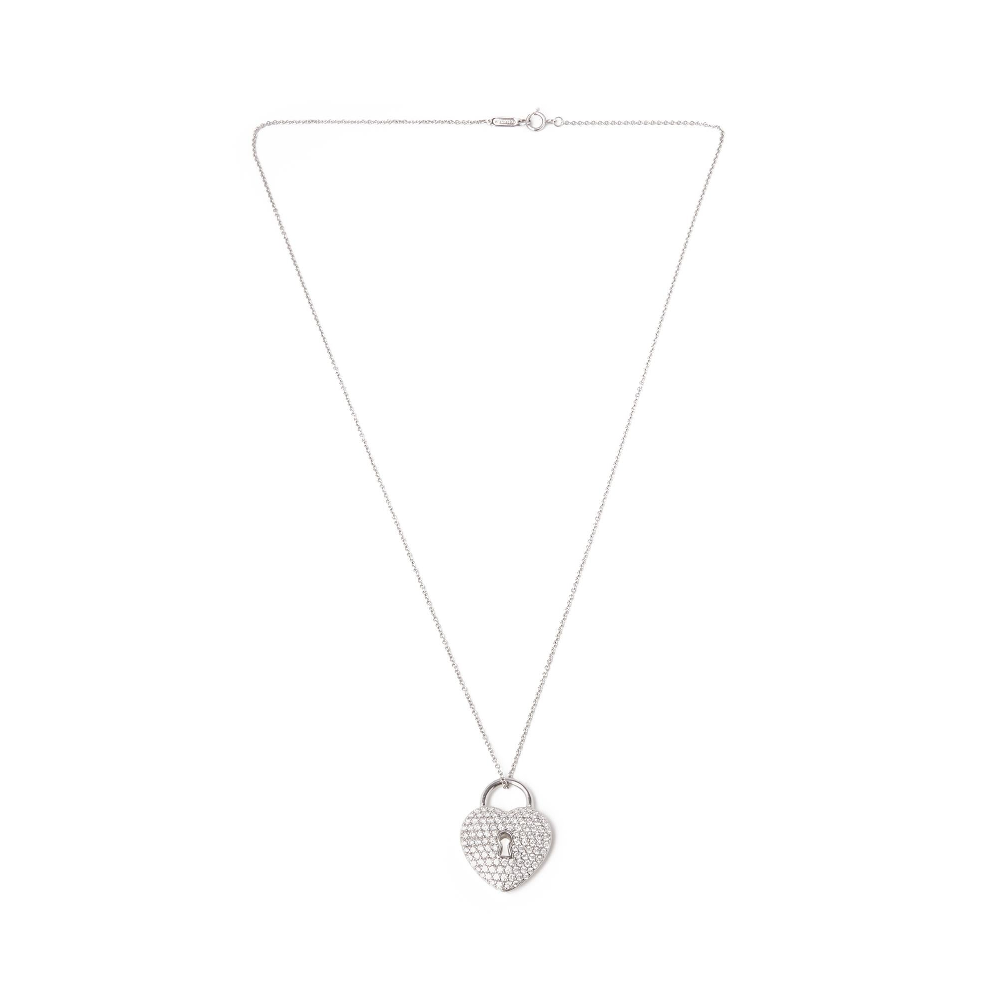 Tiffany & Co. Platinum Diamond Heart Tiffany Key Pendant Necklace In Excellent Condition In Bishop's Stortford, Hertfordshire