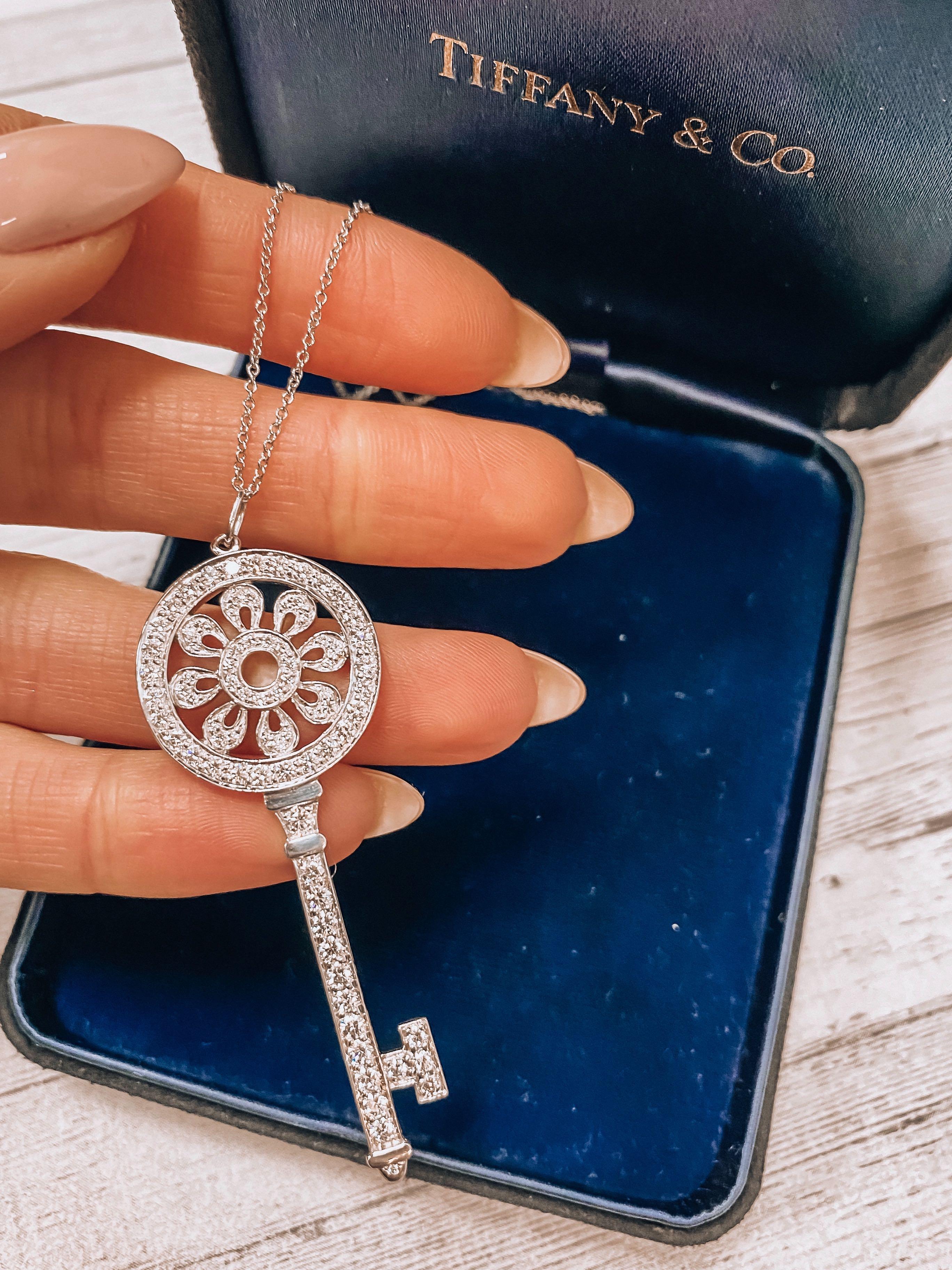 Women's or Men's Tiffany & Co. Platinum Diamond Key Pendant Necklace 1.18 Carat