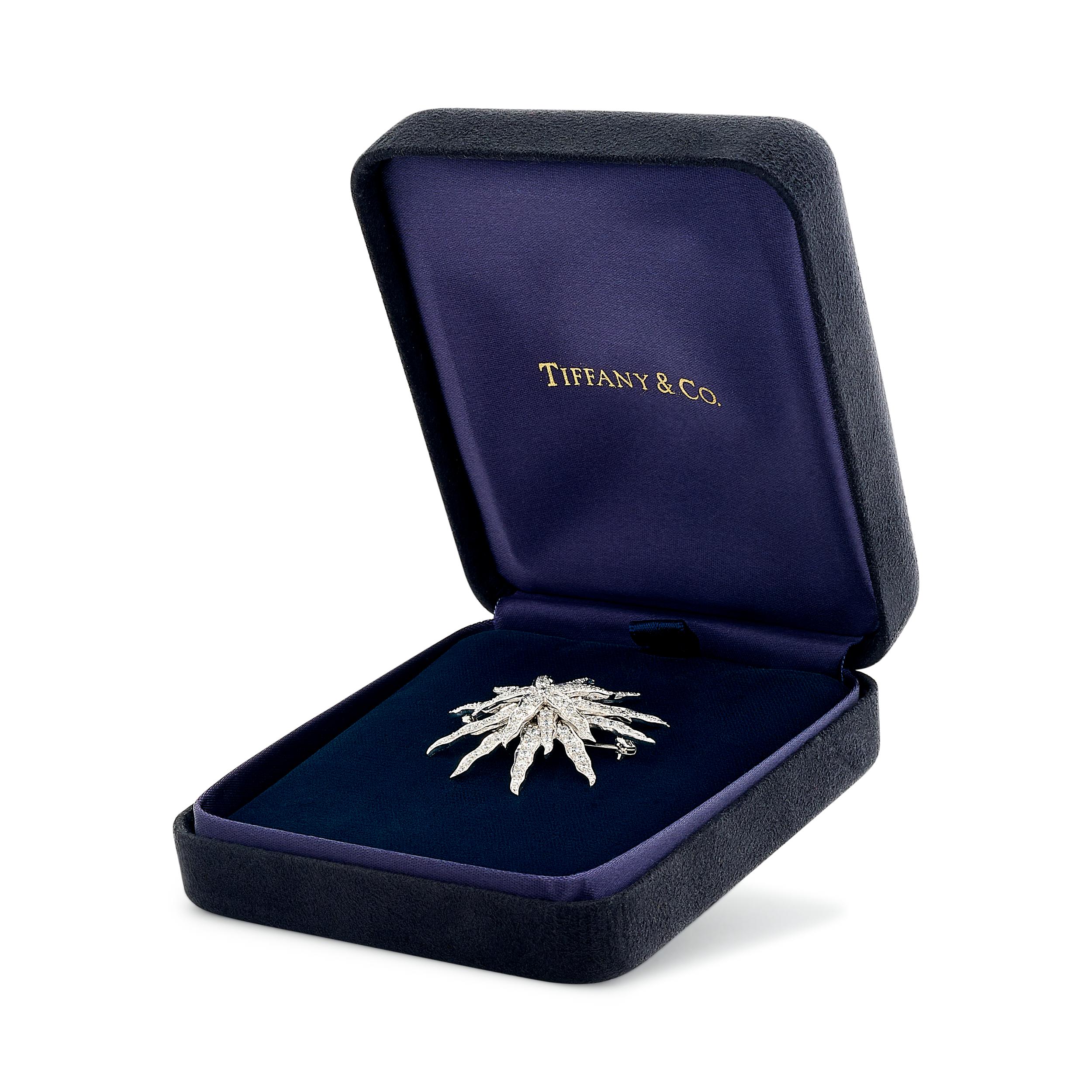 This dazzling Tiffany & Co. pin features a radiant sunburst design entirely pavé-set with brilliant-cut diamonds in platinum, creating a captivating display of light and sparkle.

~3.20 total diamond weight; E-F color and VS clarity

Signed 