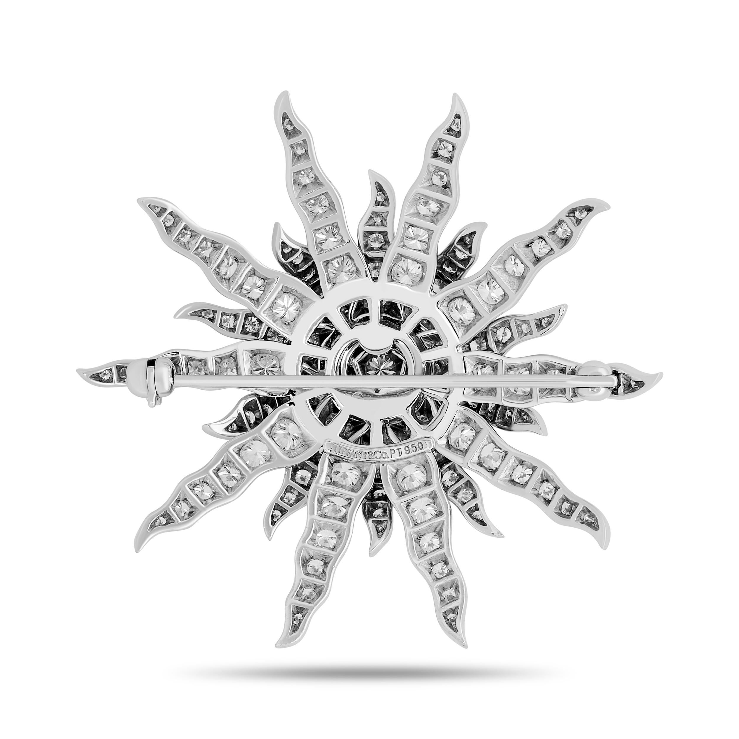 Round Cut Tiffany & Co. Platinum Diamond Lace Sunburst Pin Brooch For Sale
