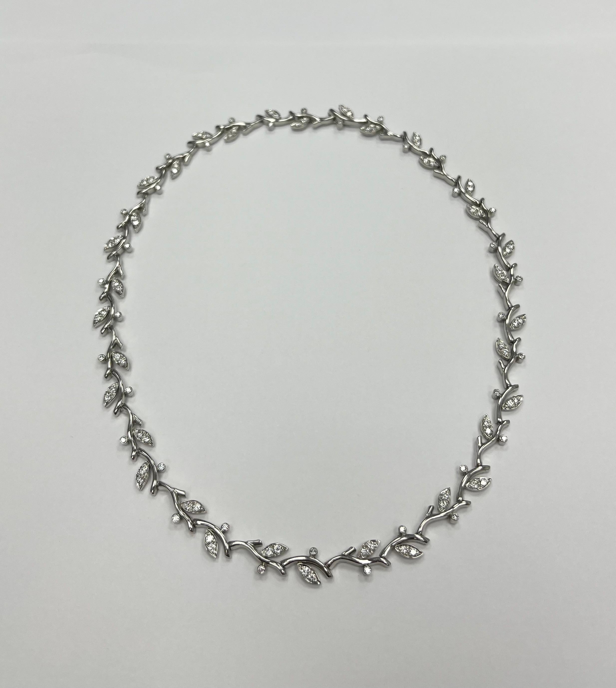 Round Cut Tiffany & Co Platinum Diamond Leaf Necklace For Sale