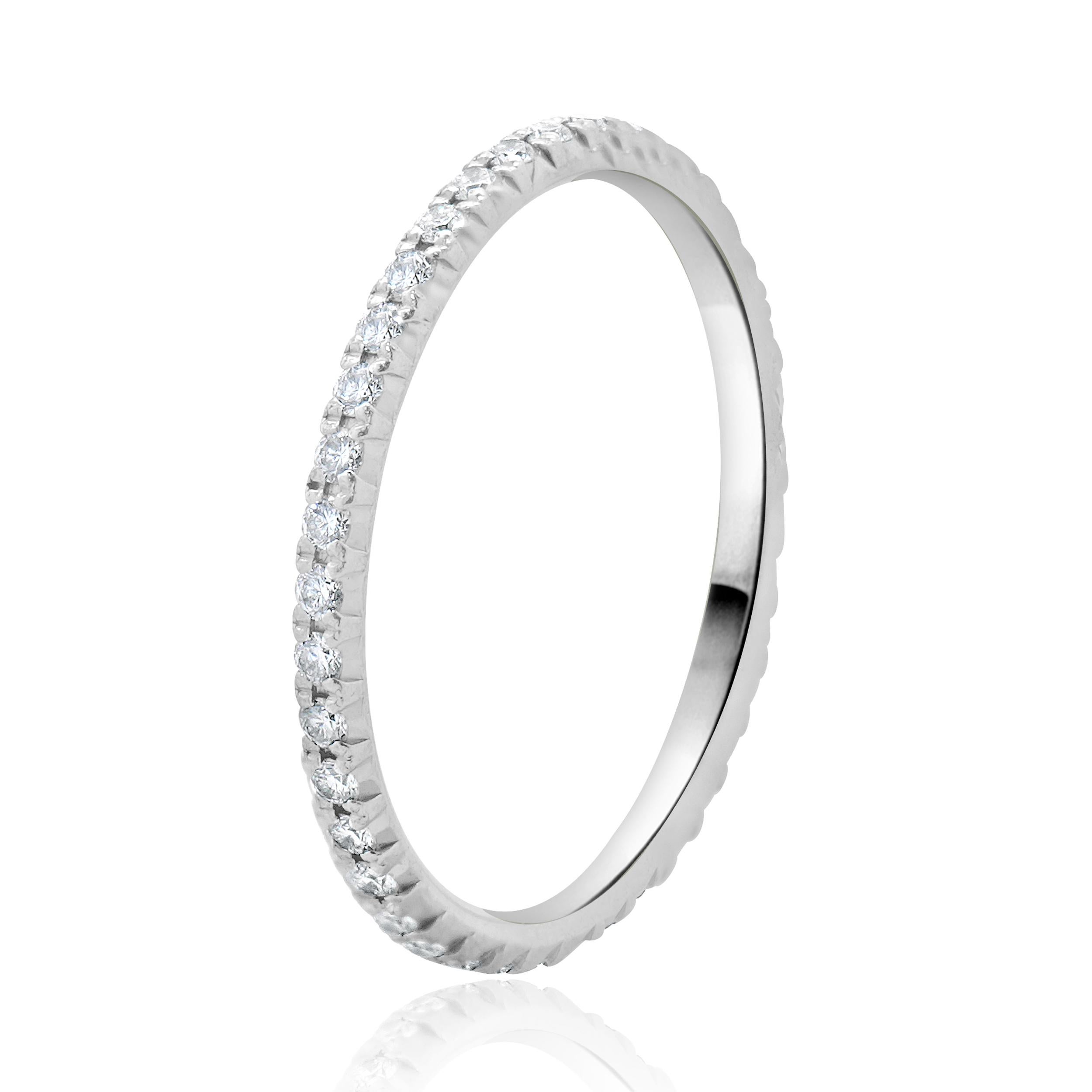 Designer: Tiffany & Co. 
Material: platinum
Diamond: 40 round brilliant cut = 0.19cttw
Color: G
Clarity: VS1-2
Dimensions: ring top measures 1.5mm wide
Size: 5
Weight: 1.33 grams
