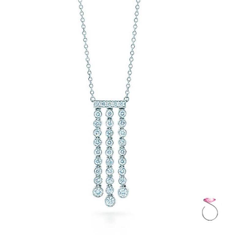 Tiffany & Co. diamonds sparkle and sway in this 1920s-inspired Jazz Triple Drop design. The Pendant in platinum with round brilliant cut diamonds bezel set, on a 16