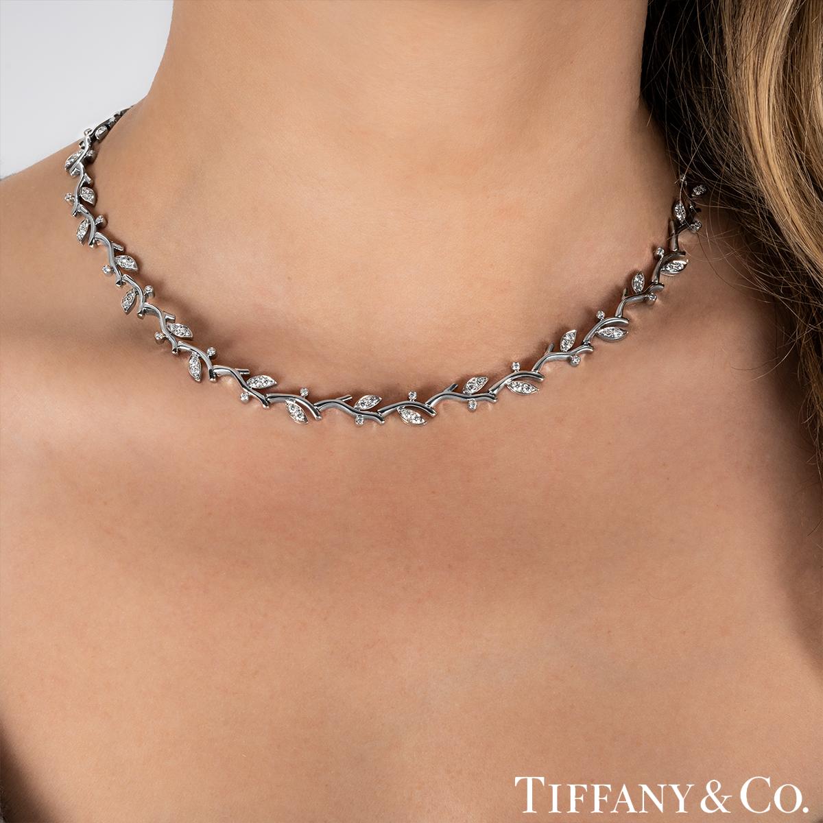 Round Cut Tiffany & Co. Platinum Diamond Olive Leaf Vine Necklace