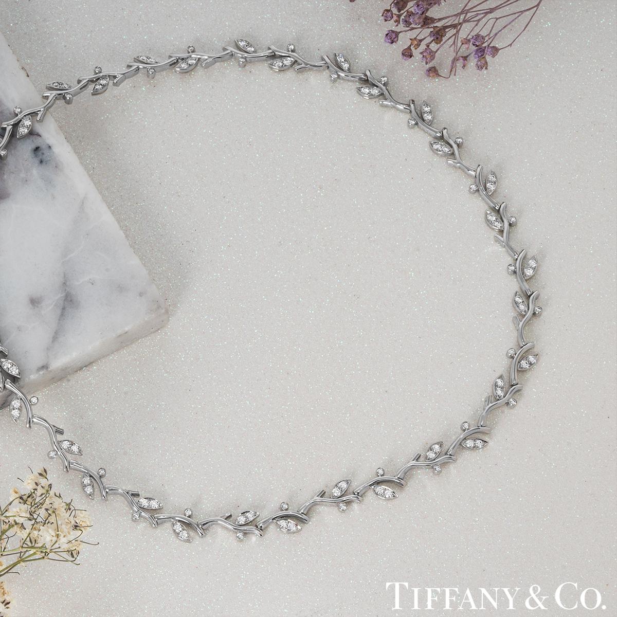 Tiffany & Co. Platinum Diamond Olive Leaf Vine Necklace In Excellent Condition In London, GB