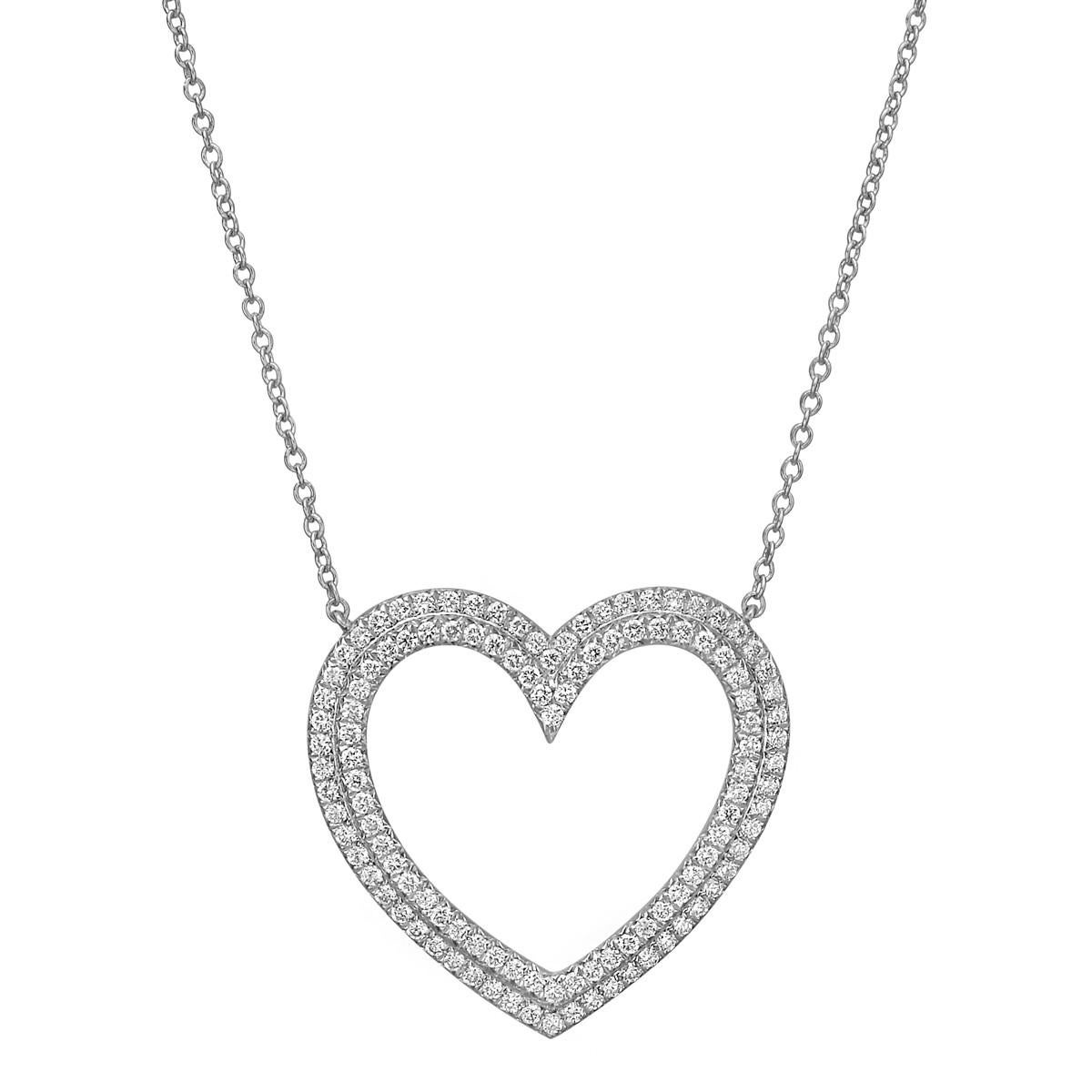 Open heart pendant, set with a double row of round brilliant-cut diamonds in platinum, on the matching 16.75