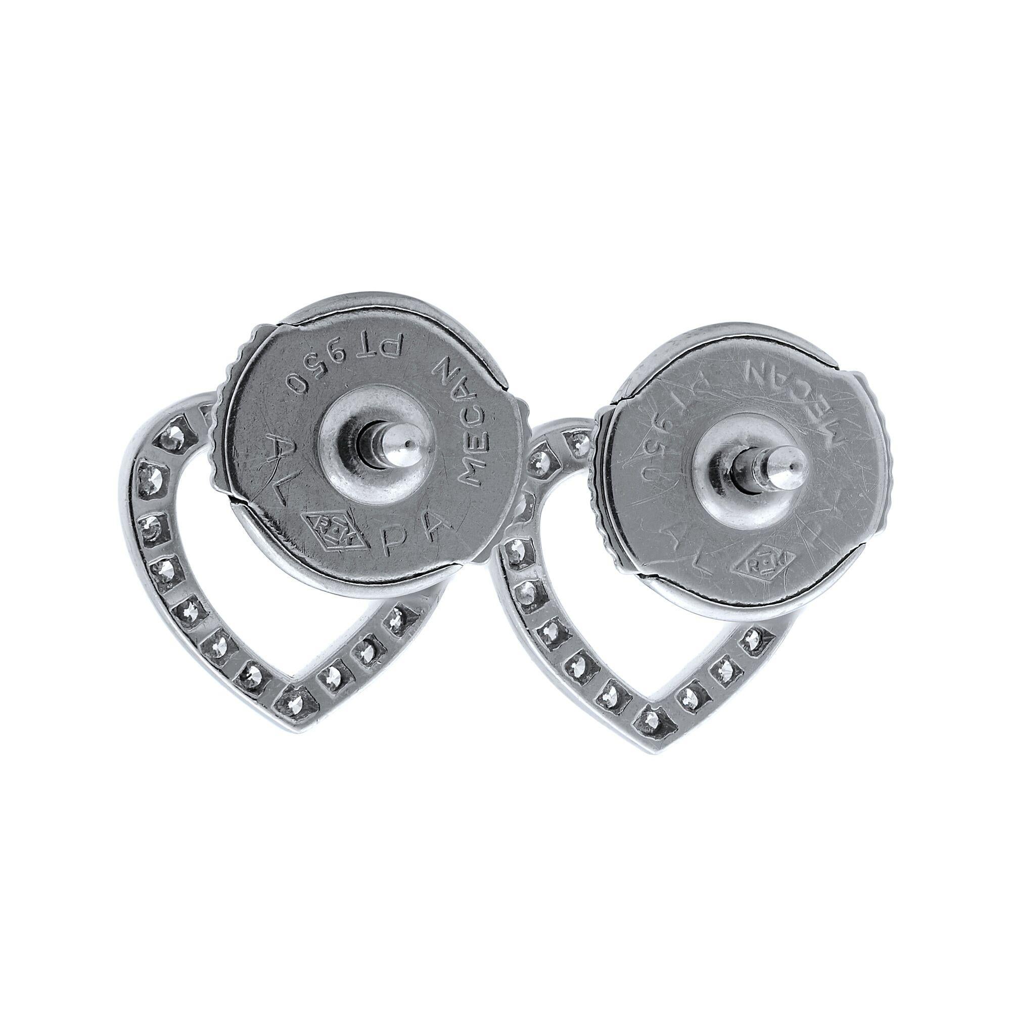 Limited edition Tiffany & Co brilliant and sweet mini stud diamond earrings. These earrings feature petite round diamonds in an open heart design, grafted in platinum. Hallmarked: Tiffany & Co. PT950.
Condition: Pre-owned, looks great. Box and