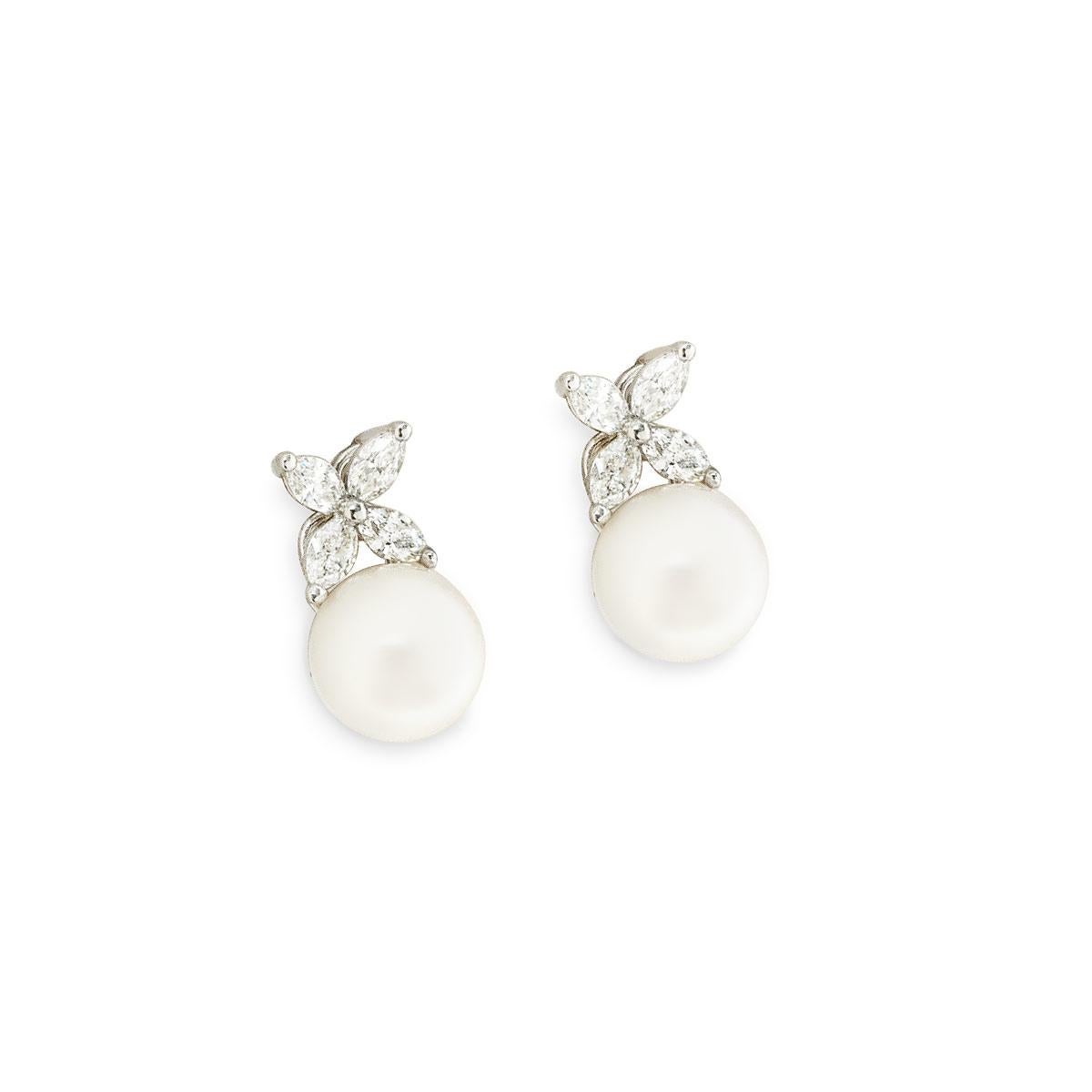 Tiffany & Co. Platinum Diamond & Pearl Victoria Earrings 60152975 In Excellent Condition In London, GB