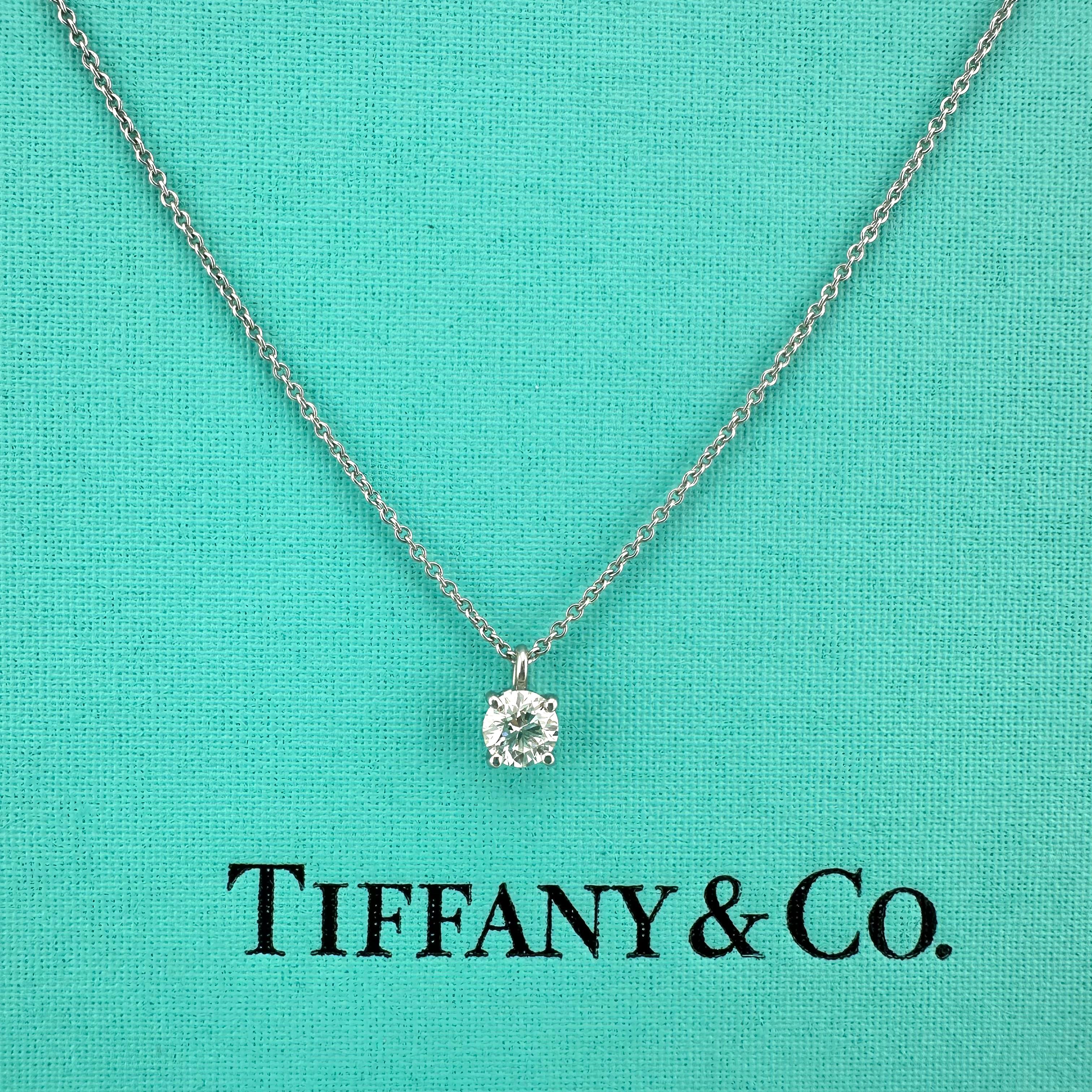 Round Cut Tiffany & Co Platinum Diamond Pendant Necklace Round 0.30 ct G VVS1 For Sale