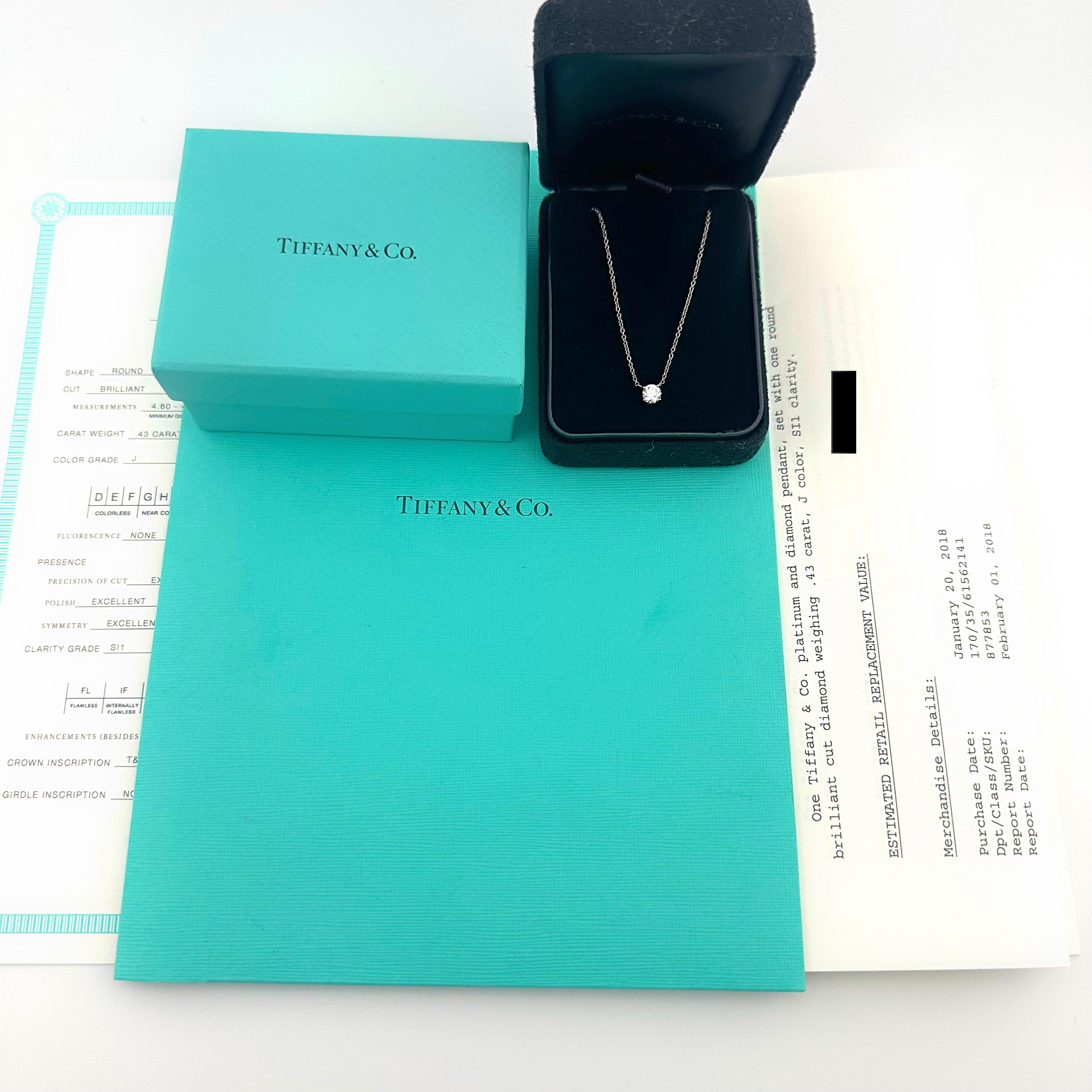 Round Cut Tiffany & Co Platinum Diamond Pendant Necklace Round 0.43 ct