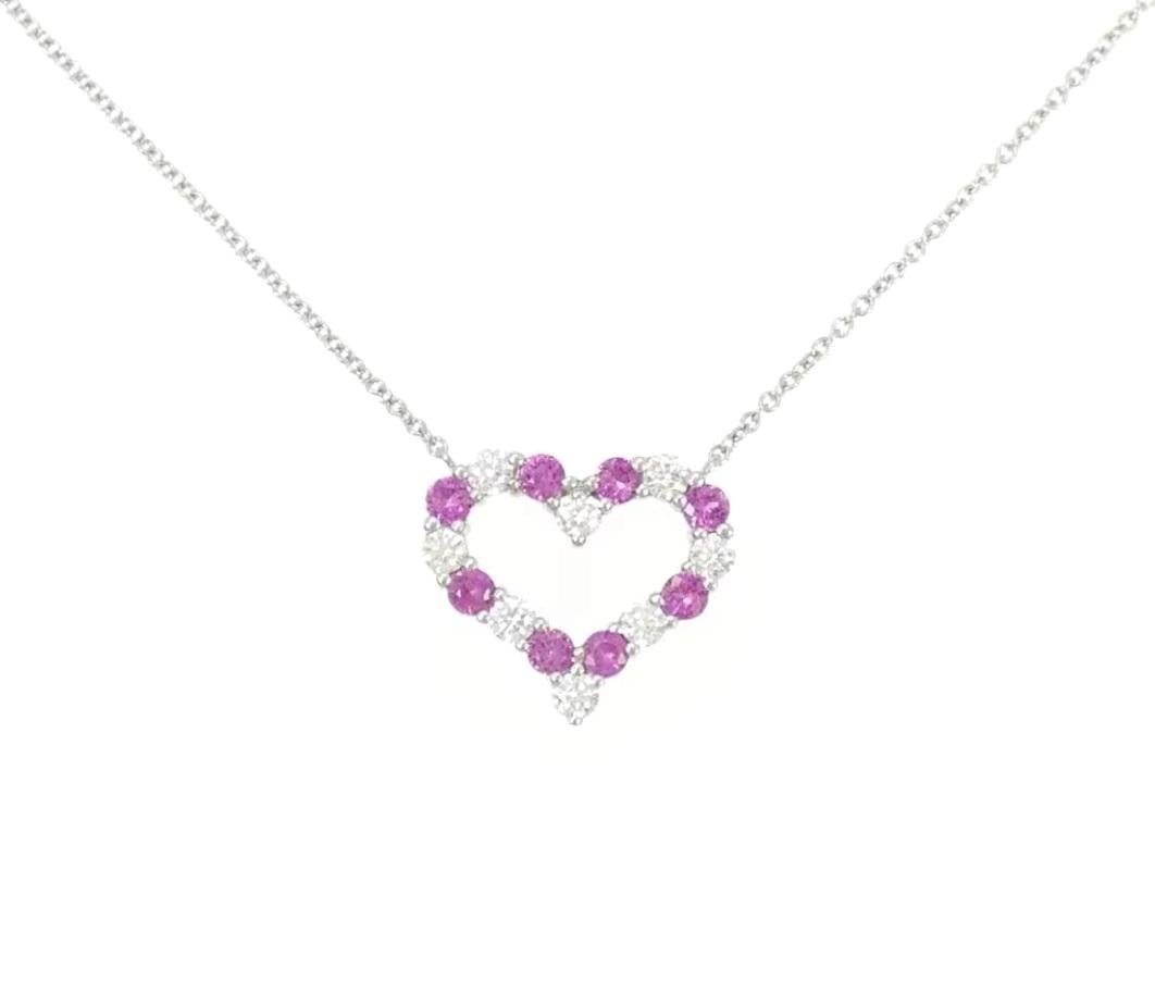 TIFFANY & Co. Platinum Diamond Pink Sapphire Heart Pendant Necklace  

Metal: Platinum
Chain: 16