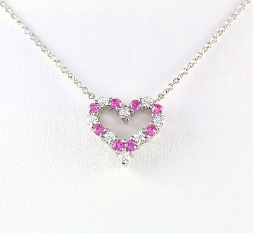 Round Cut TIFFANY & Co. Platinum Diamond Pink Sapphire Heart Pendant Necklace For Sale