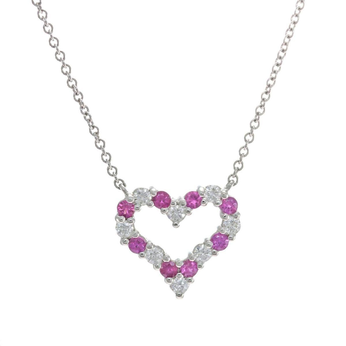 Round Cut TIFFANY & Co. Platinum Diamond Pink Sapphire Heart Pendant Necklace For Sale