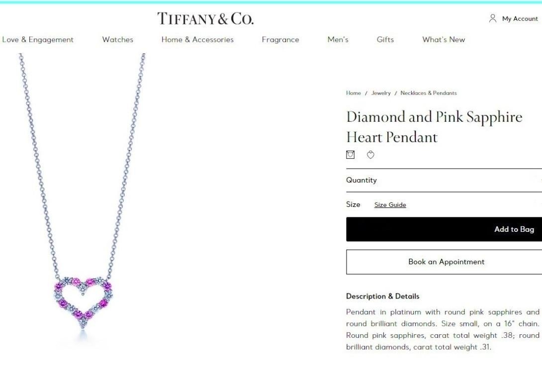 TIFFANY & Co. Platinum Diamond Pink Sapphire Heart Pendant Necklace For Sale 1