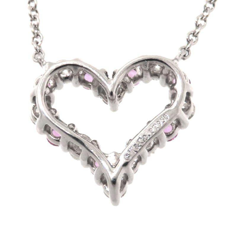 TIFFANY & Co. Platinum Diamond Pink Sapphire Heart Pendant Necklace For Sale 2