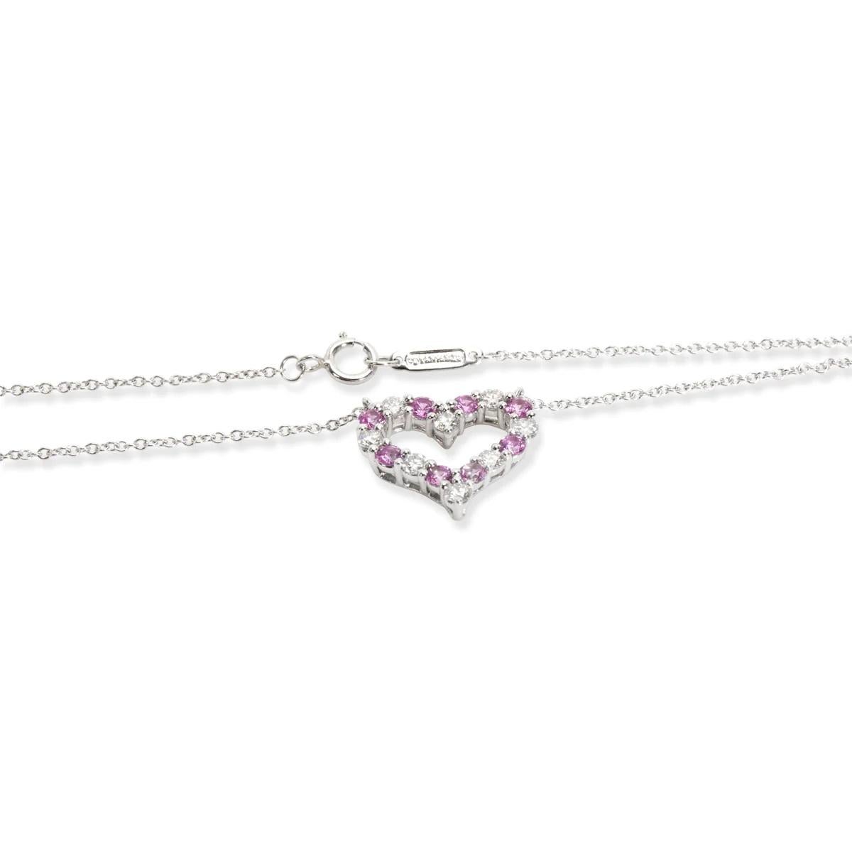 TIFFANY & Co. Platinum Diamond Pink Sapphire Heart Pendant Necklace 3