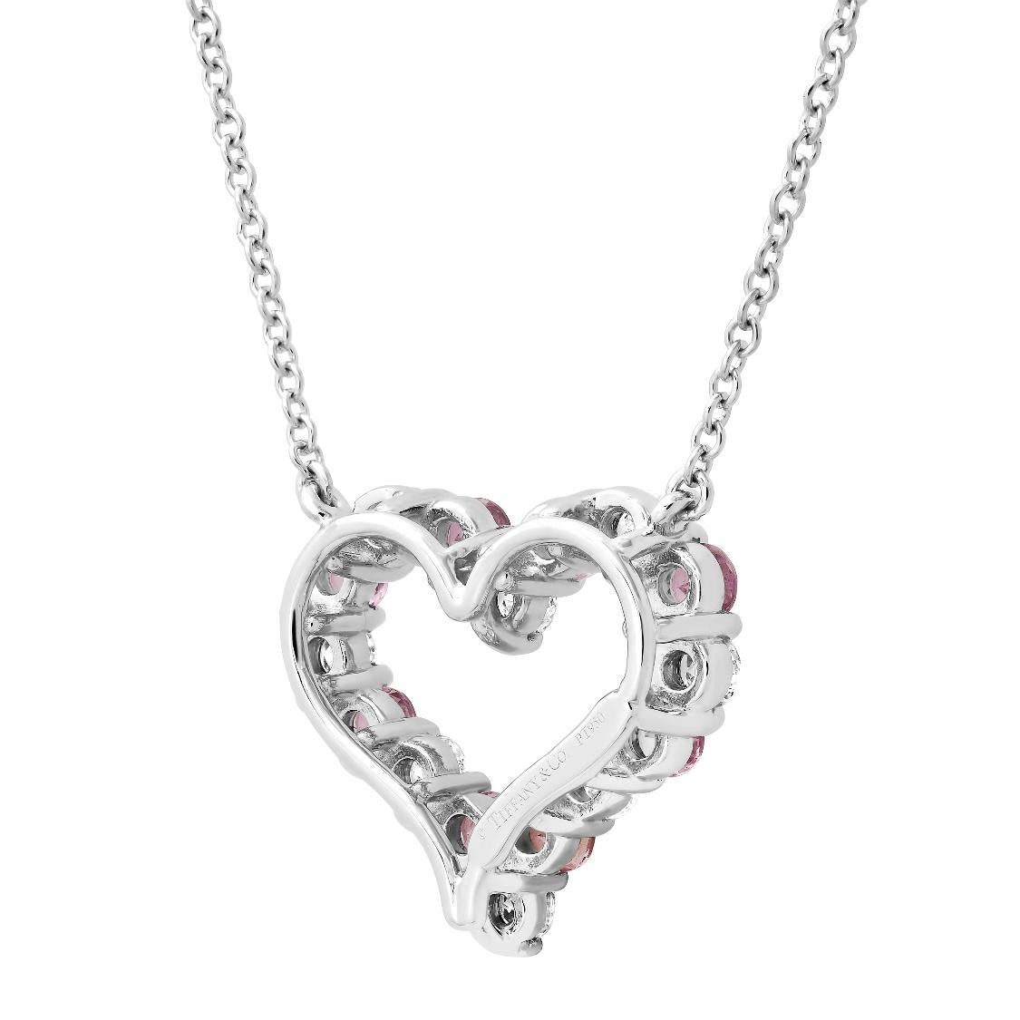 Round Cut TIFFANY & Co. Platinum Diamond Pink Sapphire Heart Pendant Necklace For Sale