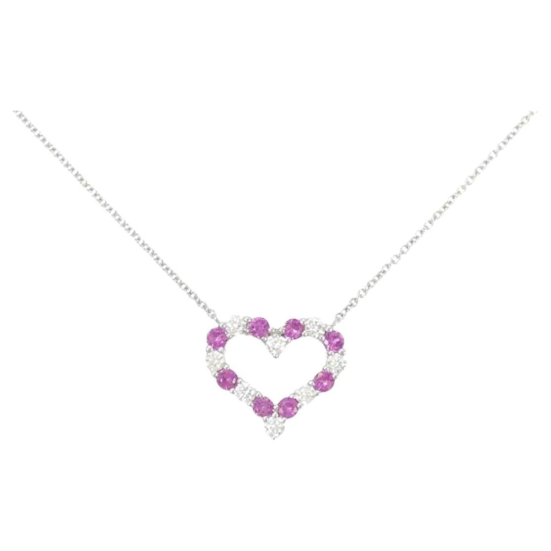 TIFFANY & Co. Platinum Diamond Pink Sapphire Heart Pendant Necklace