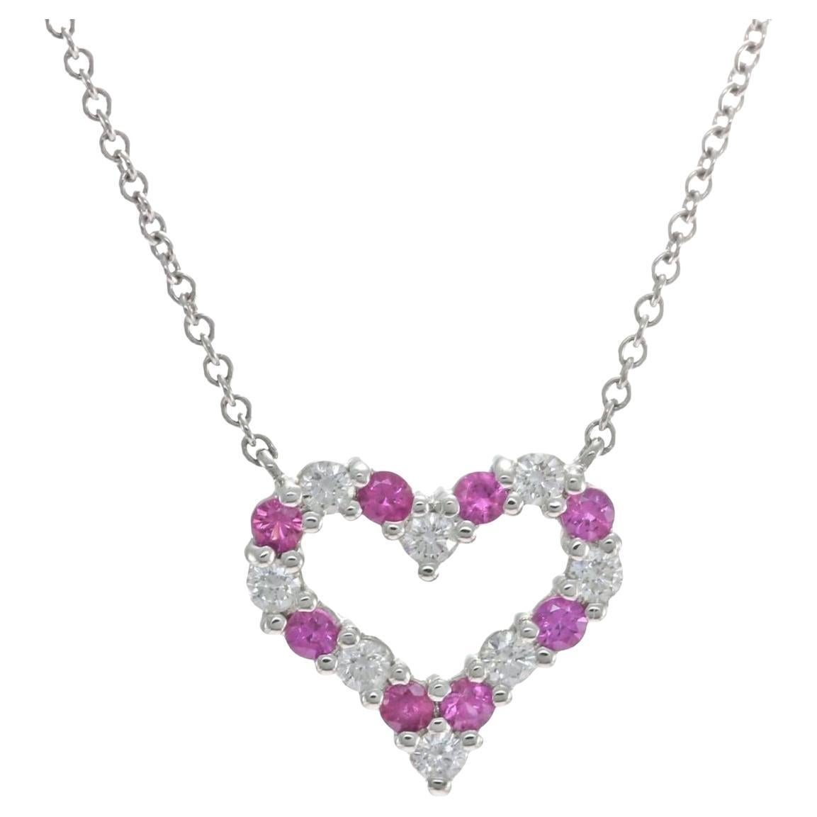 TIFFANY & Co. Platinum Diamond Pink Sapphire Heart Pendant Necklace