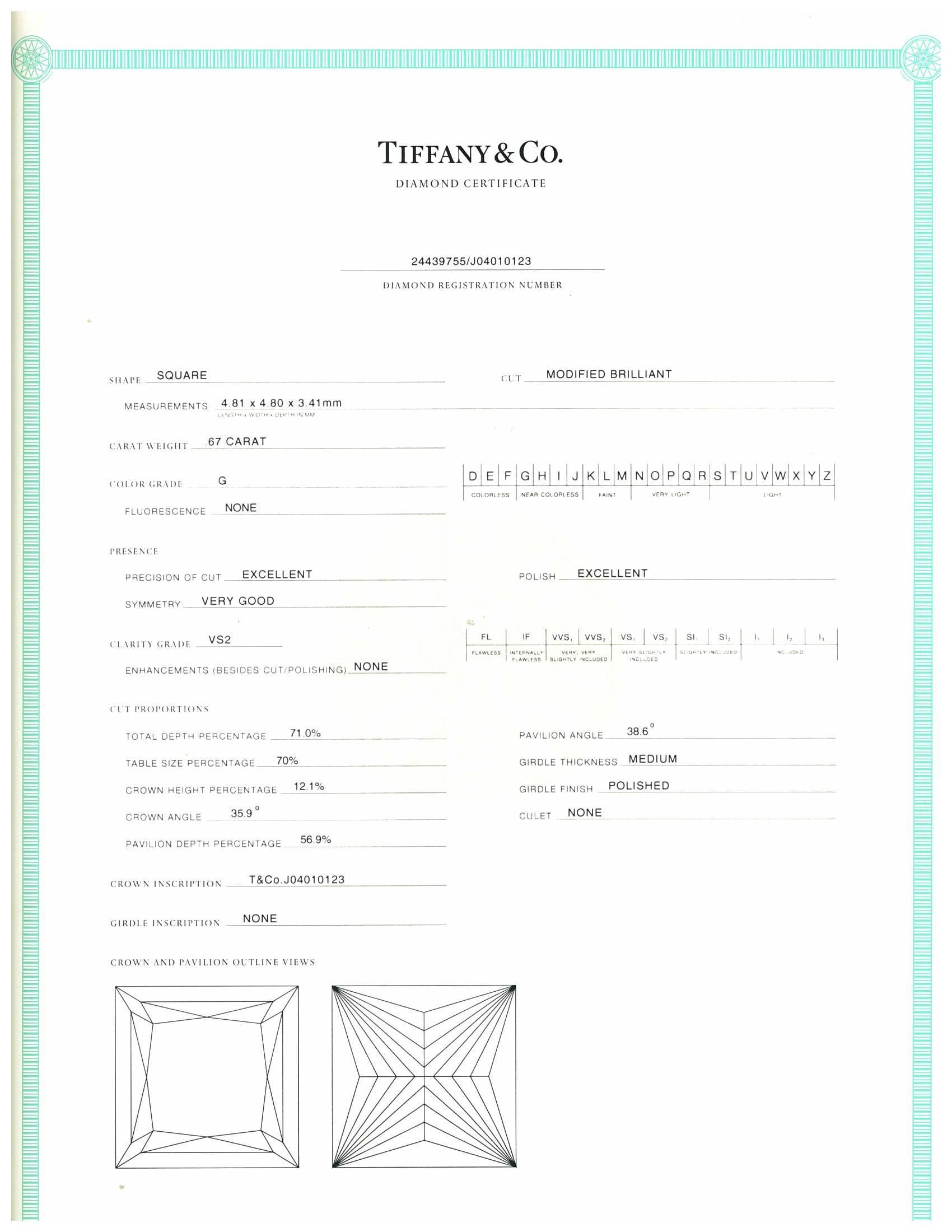 Tiffany & Co. Platinum Diamond Princess Cut Engagement Ring .67ct GVS2 For Sale 4