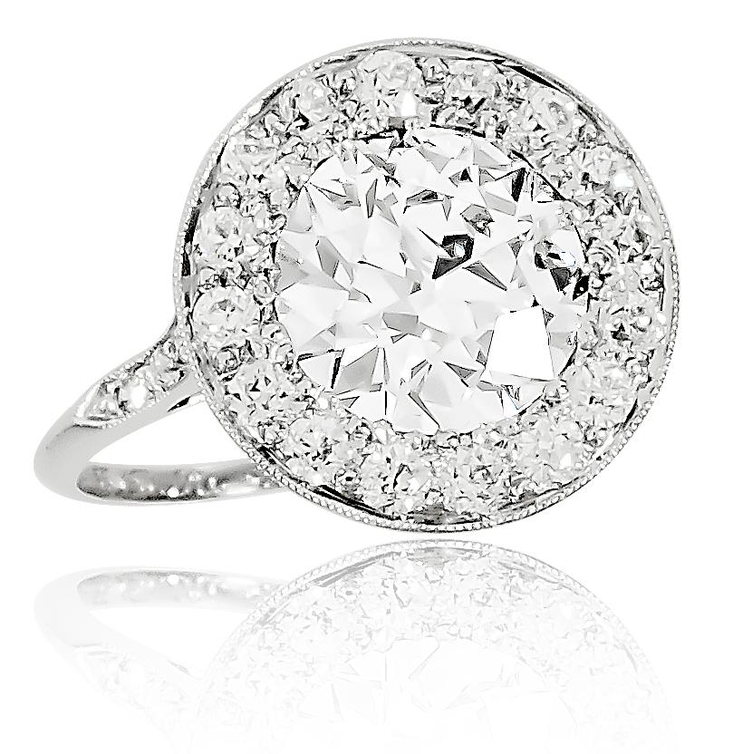 Platinum & Diamond Ring; Old European Cut Diamond 2.56ct; H VVS2; 22 Old European Cut Diamonds approximately .55ct; Tiffany & Co; Ca 1911