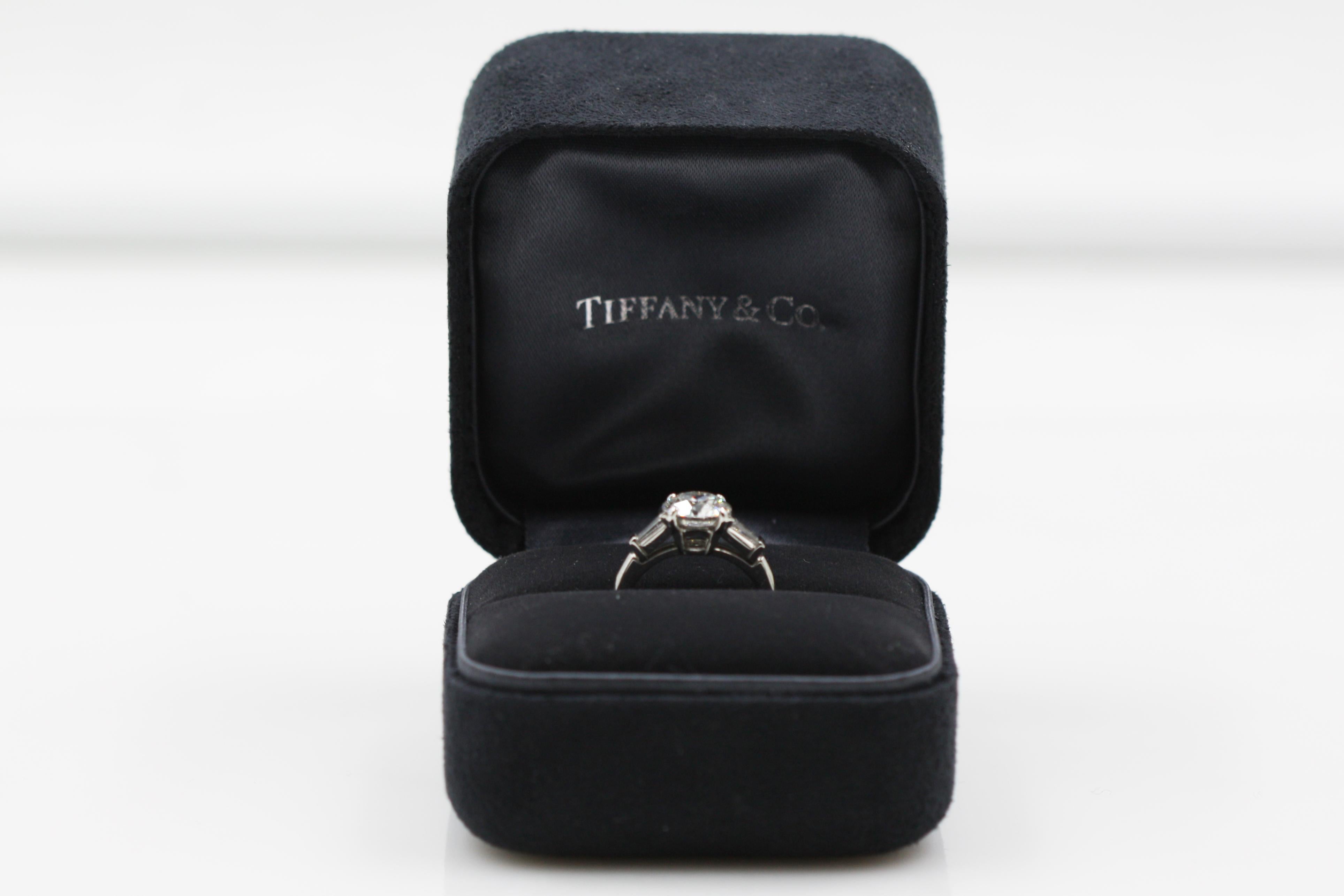 Women's Tiffany & Co. Platinum Diamond Ring with Tapered Baguettes 2.10 Carat, VS1, E For Sale