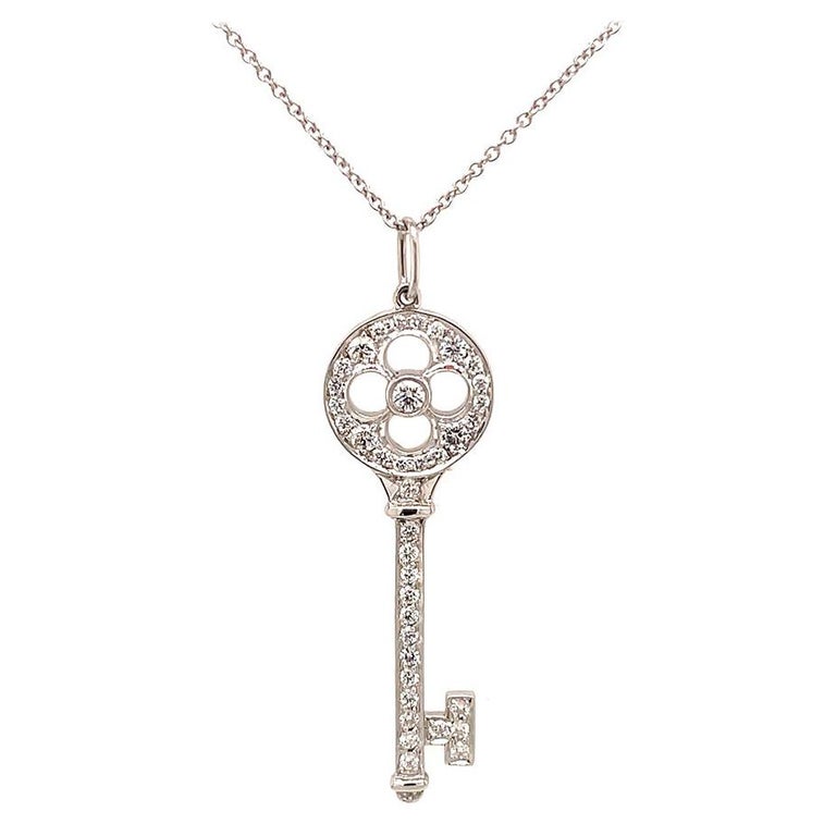 Tiffany & Co. Platinum Diamond Rose Key Pendant Necklace, Estate For Sale