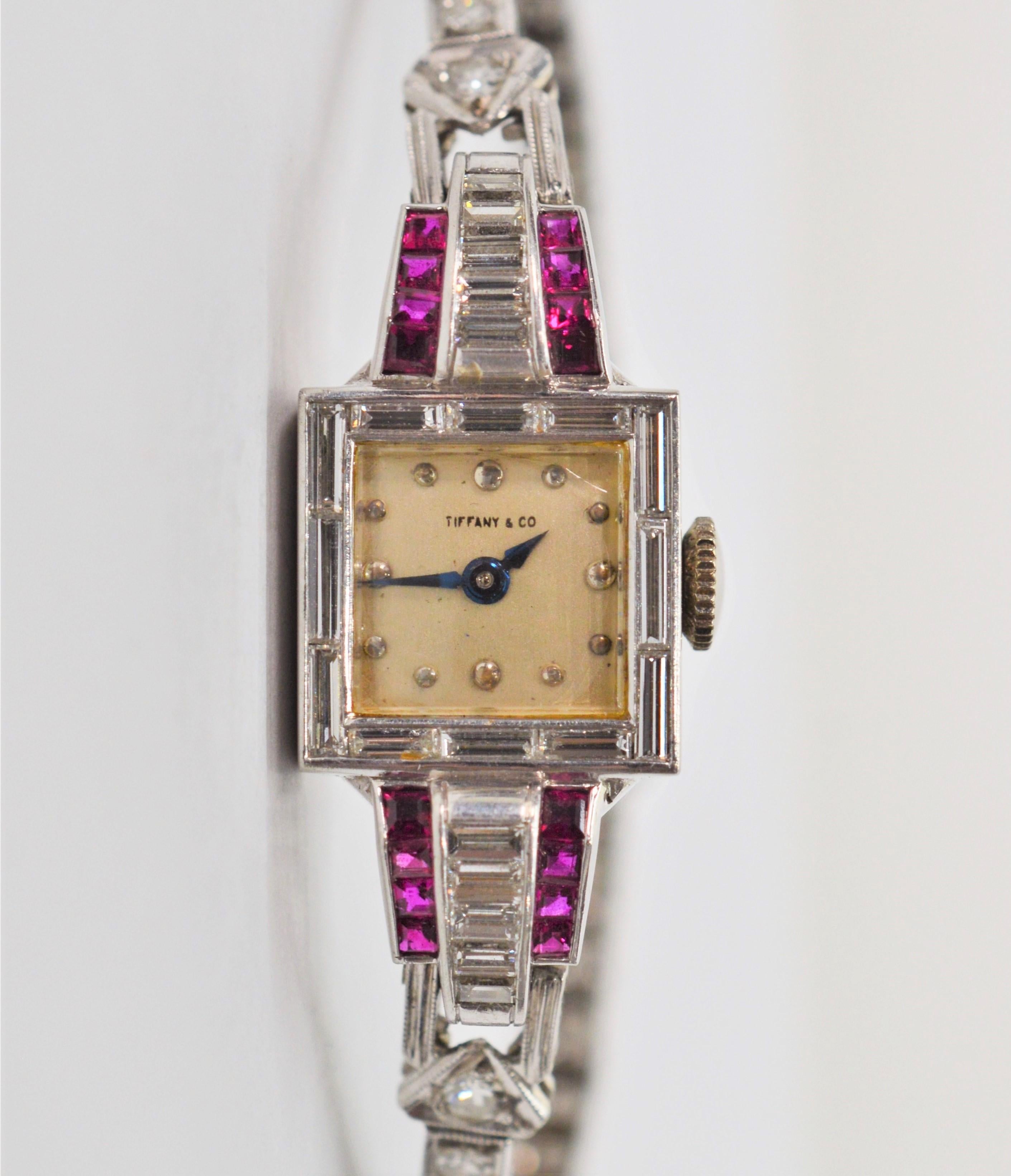 Tiffany & Co. Platinum Diamond Ruby Art Deco Ladies Wristwatch In Good Condition In Mount Kisco, NY