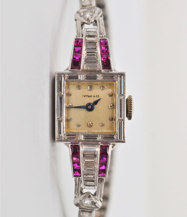Tiffany and Co. Platinum Diamond Ruby Art Deco Ladies Wristwatch at 1stDibs