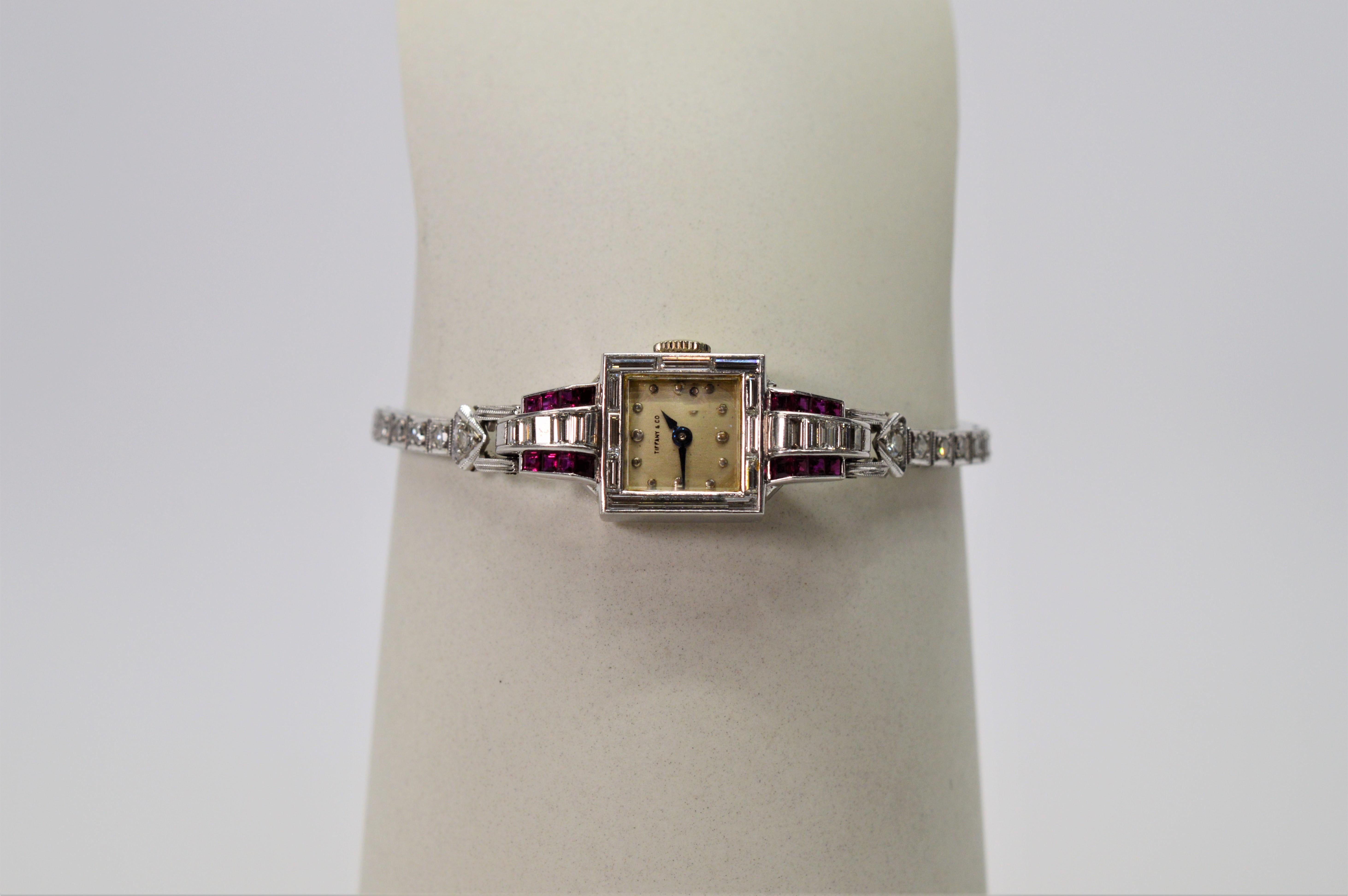 Tiffany & Co. Platinum Diamond Ruby Art Deco Ladies Wristwatch 1