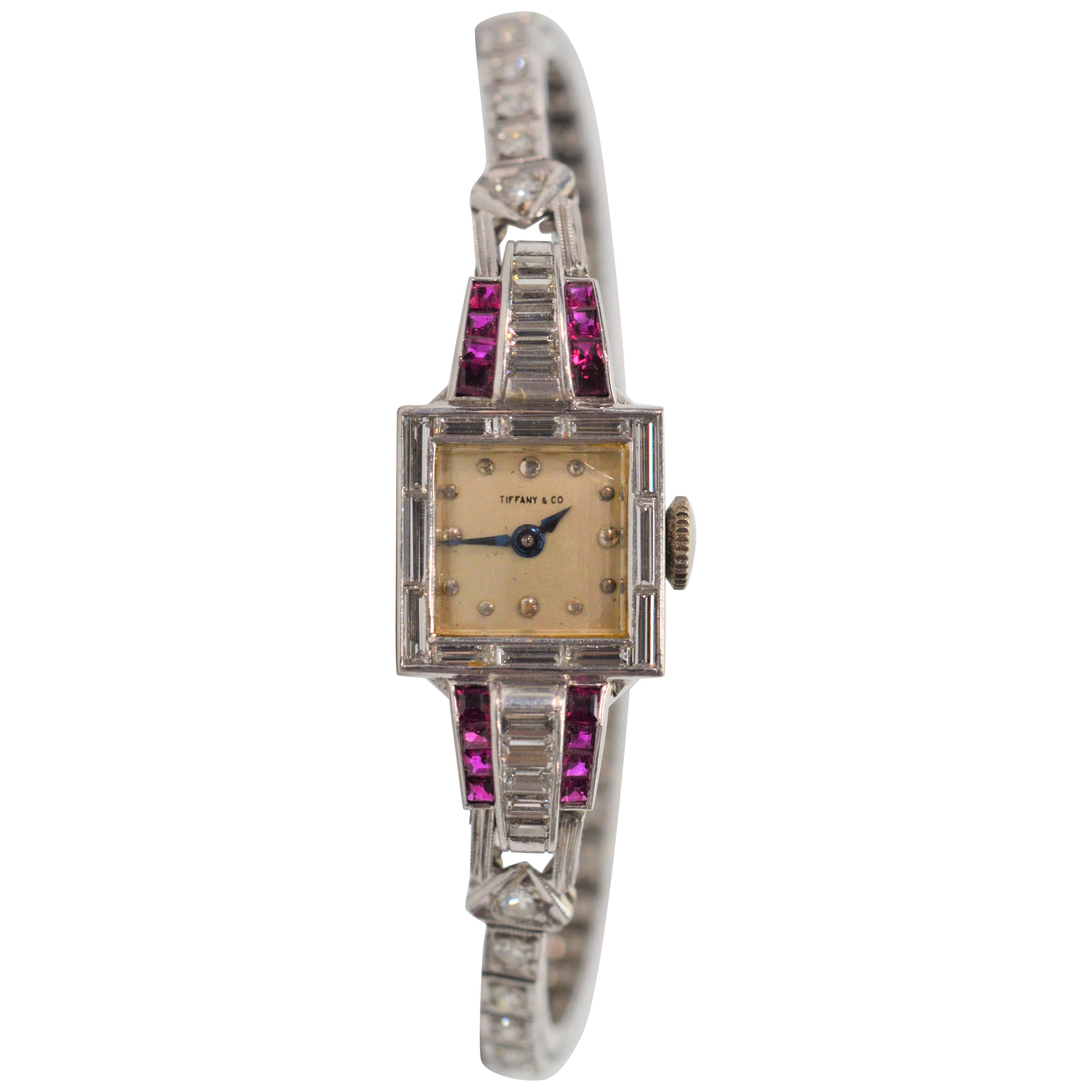 Tiffany & Co. Platinum Diamond Ruby Art Deco Ladies Wristwatch
